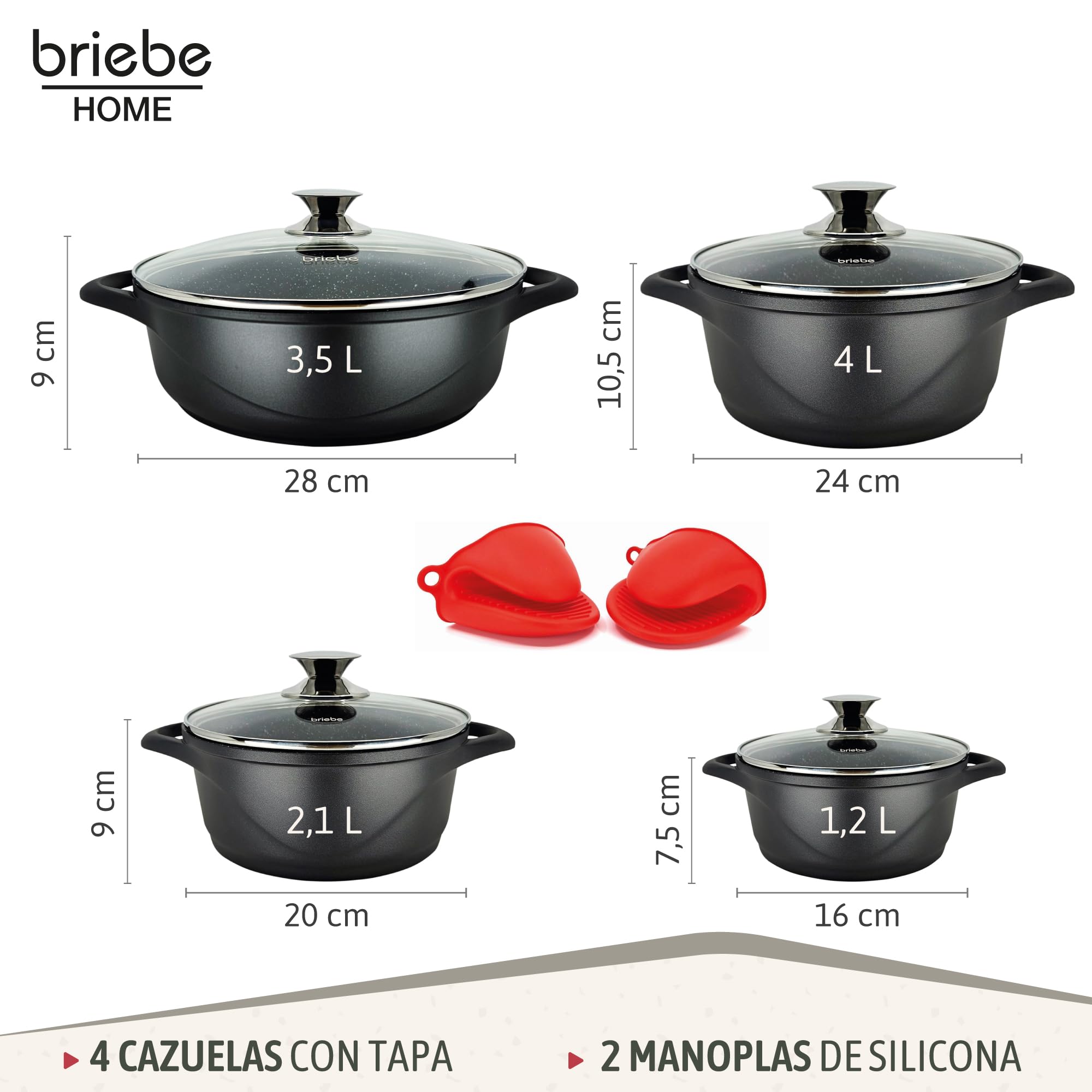 briebe Batería Cocina Inducción 8 Piezas, Juego 4 Ollas Aluminio Fundido, Antiadherente ILAG GRANITEC sin PFOA, Set Cazuelas Tapas Cristal, Guantes Silicona, Vitrocerámica, Gas, Horno, MGK-17