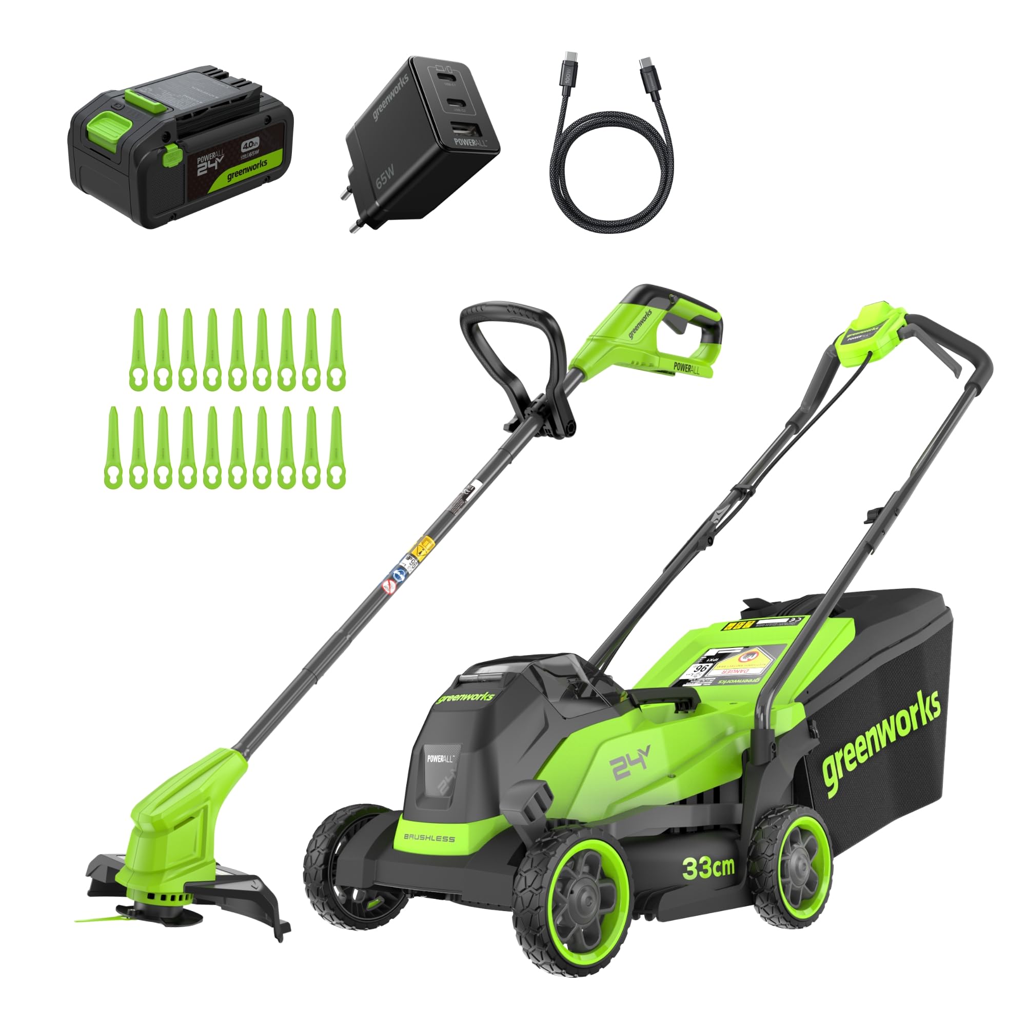 Greenworks 24V Tagliaerba a batteria,larghezza di taglio 33 cm fino a 280 m² e Tagliabordi senza fili con testa di alimentazione automatica, con 1 batteria 4Ah e caricabatteria - MTCK24B410-01