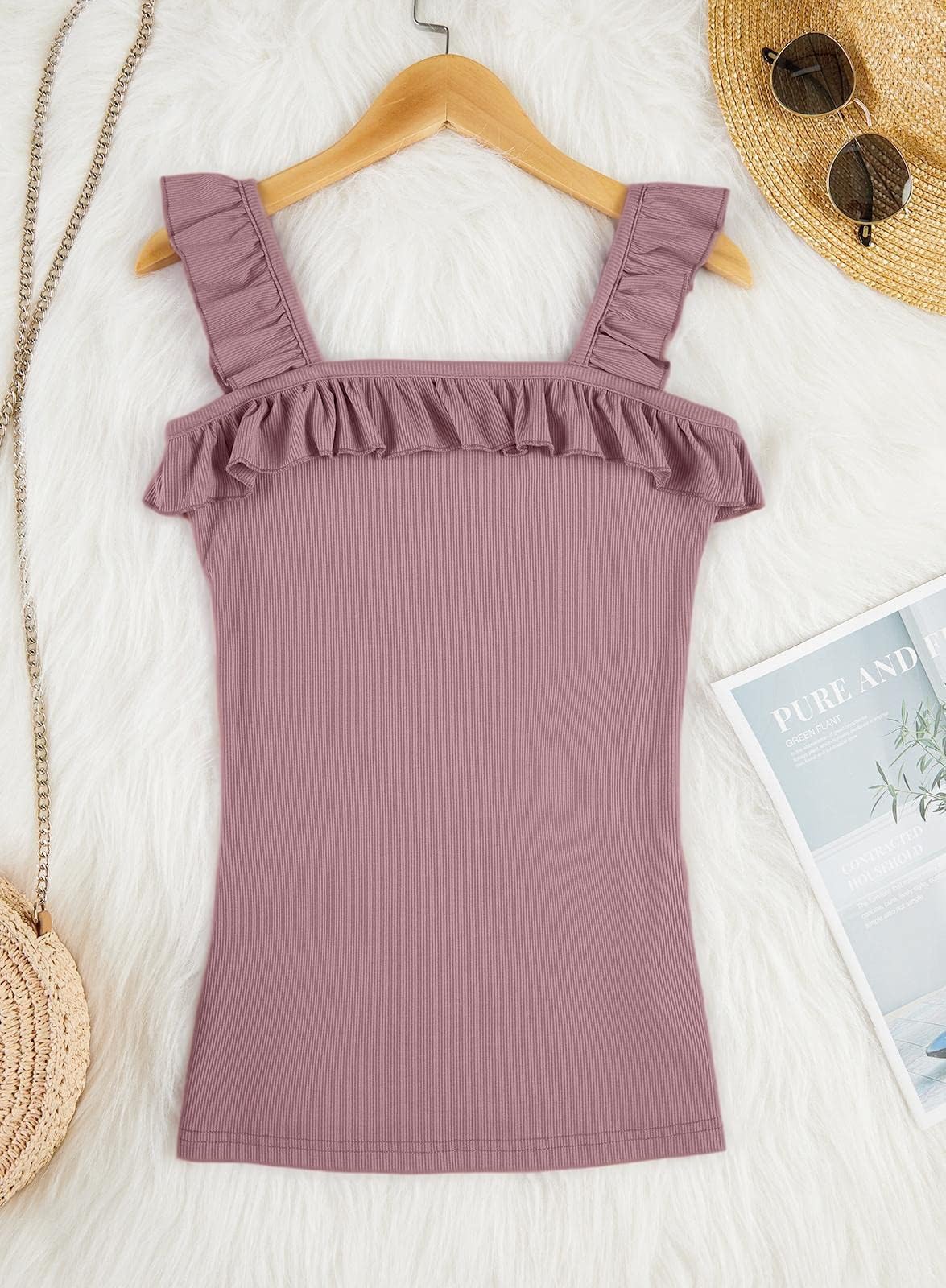 Womens Cute Sleeveless Tank Tops Ruffle Strap Square Neck Blouse Solid Color Knitted Camisole