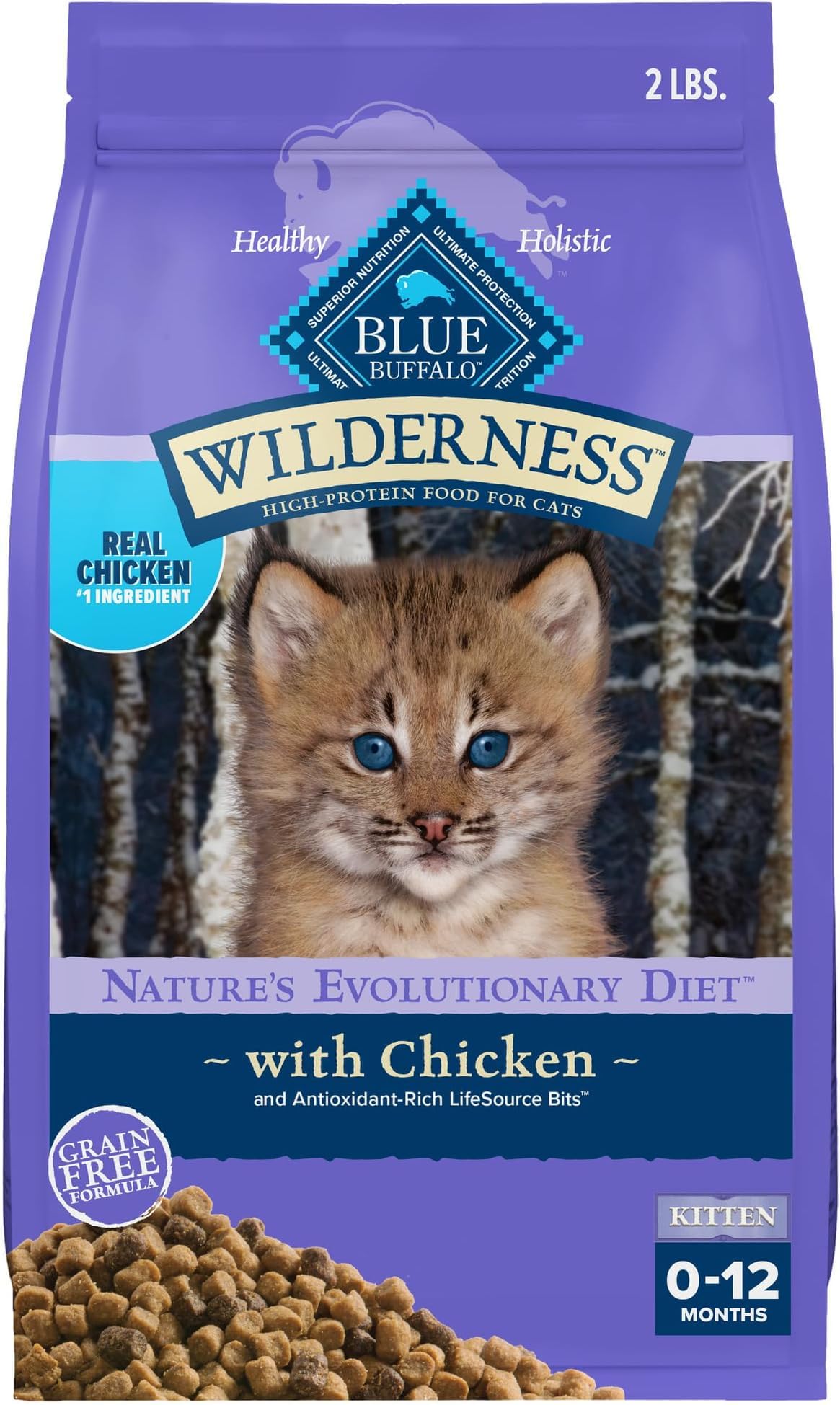 Blue Buffalo Wilderness Natural Kitten Dry Cat Food, with DHA and ARA to Support Brain and Eye Development, High-Protein and Grain-Free Diet, Chicken, 2-lb Bag (Pack of 6)