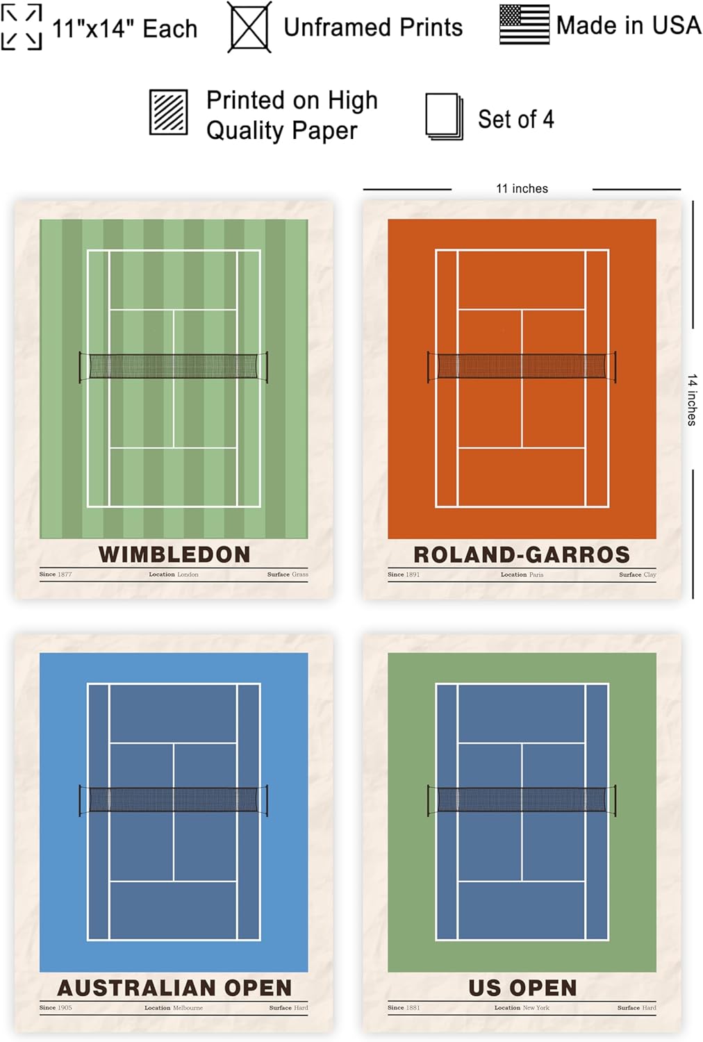 Monem Art 4-Piece Sports Print - Tennis Poster - Sport Tournament Art - Grand Slam Wall Design - US & Australian Open Art - Great Gym, Living Room or Office Wall Decor - 11x14 UNFRAMED Wall Art