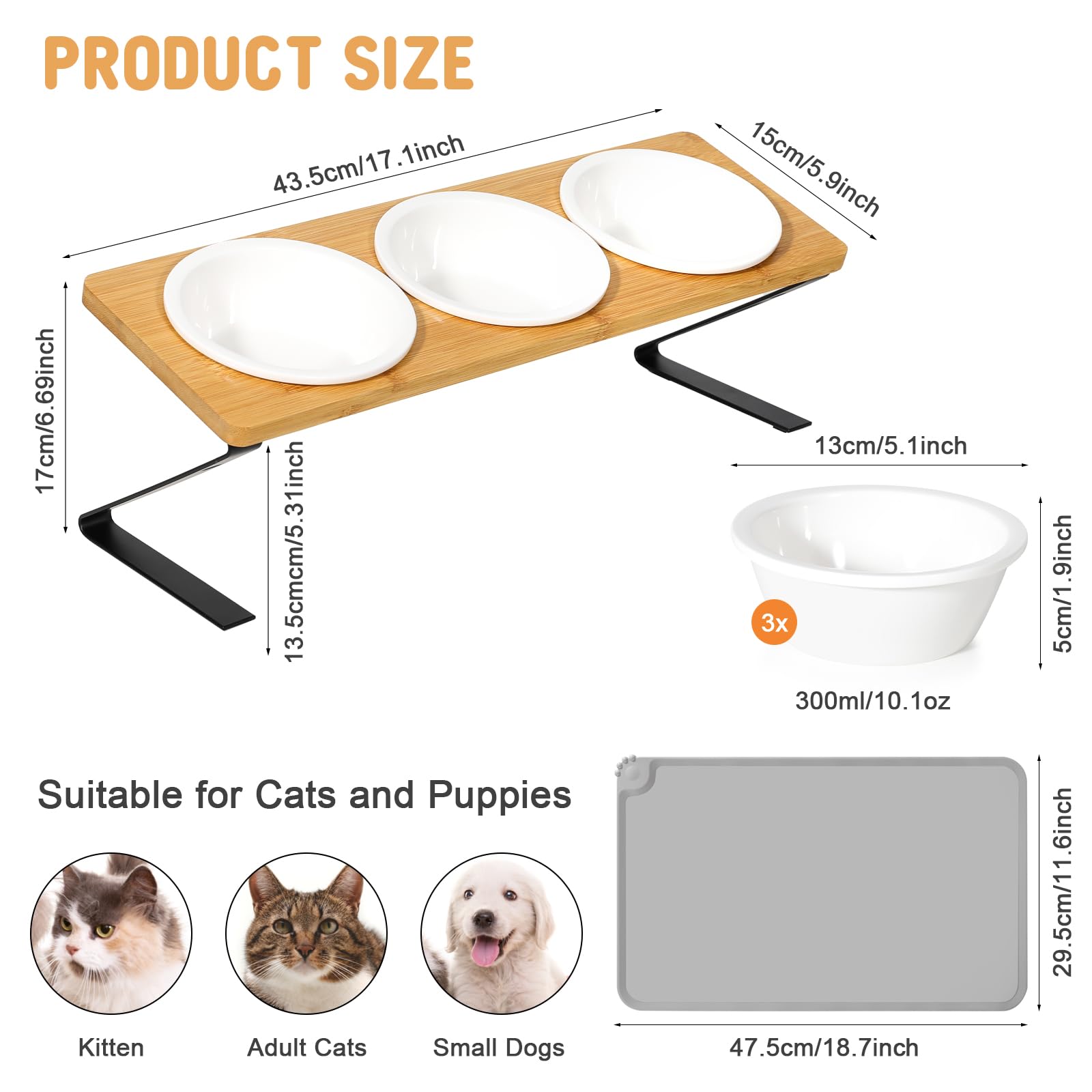 Ciotole Inclinate Per Gatti In Acciaio Inox - Set 3 Con Base In Legno E Tappetino Antiscivolo - Foto 5