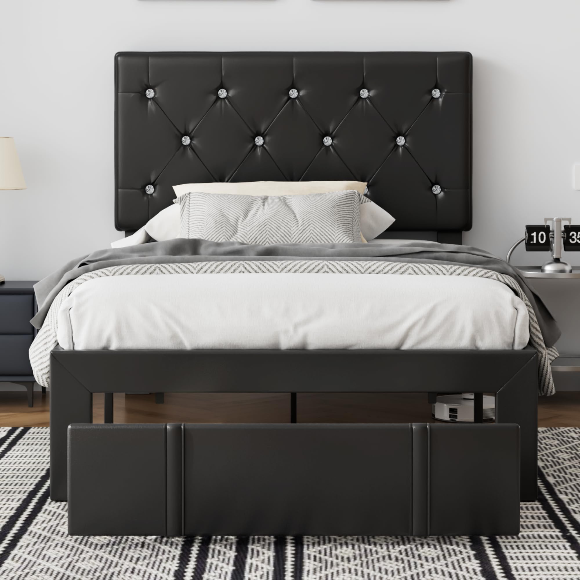 VECELO Twin Size Bed Frame with Storage Drawers, Leather Upholstered Bedframe with Diamond Tufted Headboard, Solid Wood Slat Support, No Box Spring