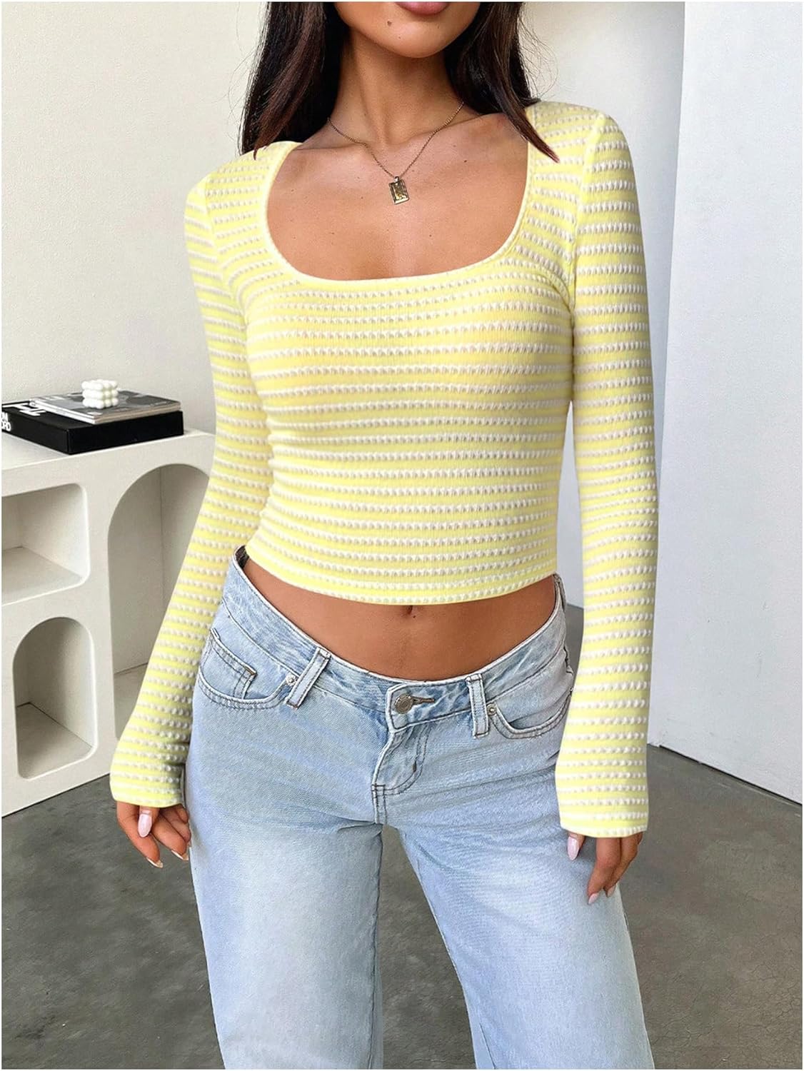 Women's Striped Long Sleeve Crop Tops Scoop Neck Fitted Y2K Tee Shirts - Image 5