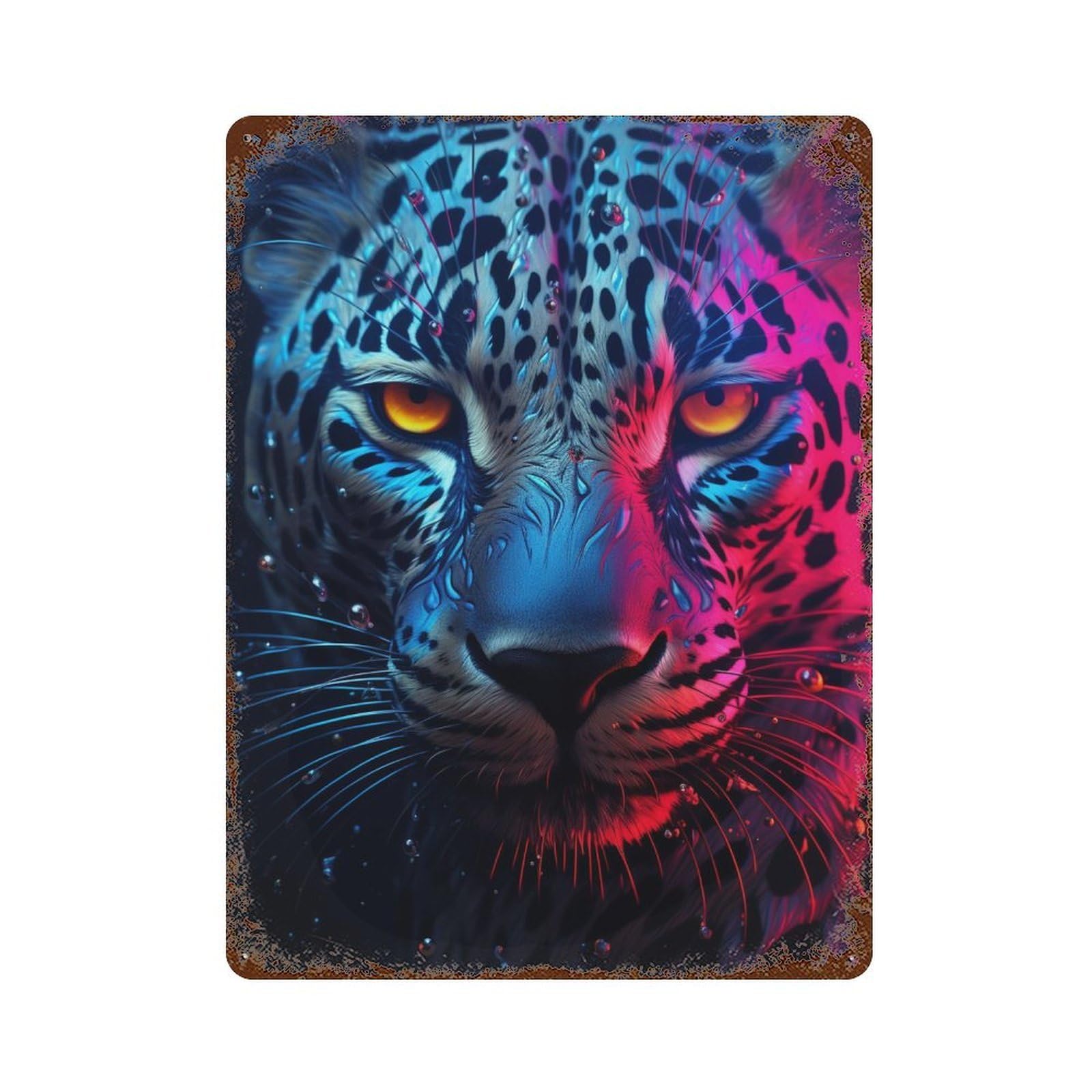 Neon Leopard Portrait-2 Rust Effect Tin Sign 15.7"x11.8", Farmhouse Wall Decor for Bistro, Counter And Cafe Decor