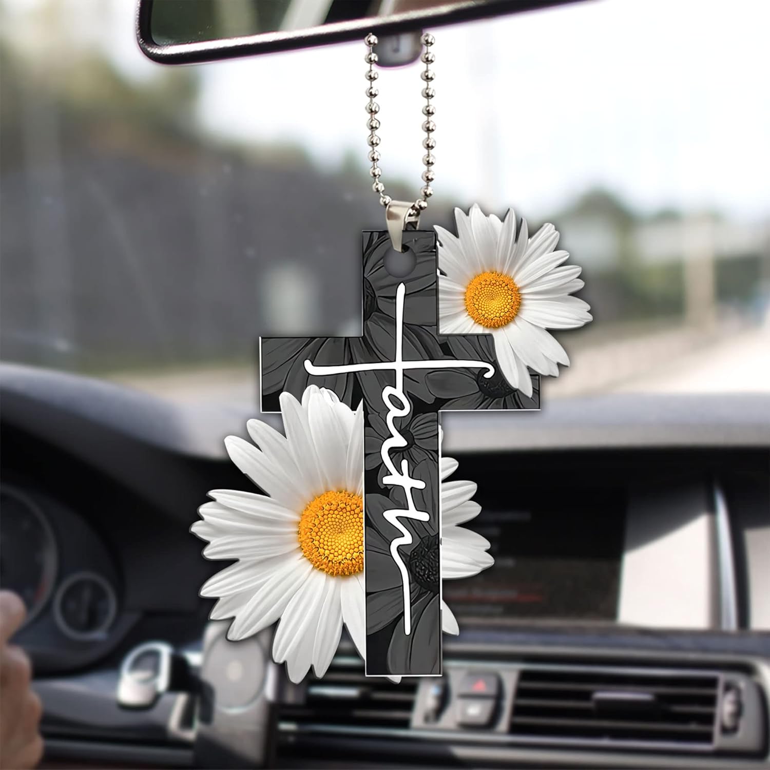 Talataca Christian God Jesus Cross Faith White Daisy Flower 2D Flat Car Rear View Mirror Accessories Christmas Tree Ornament Decoration Hanging Charm Interior Rearview Pendant Decor Gift