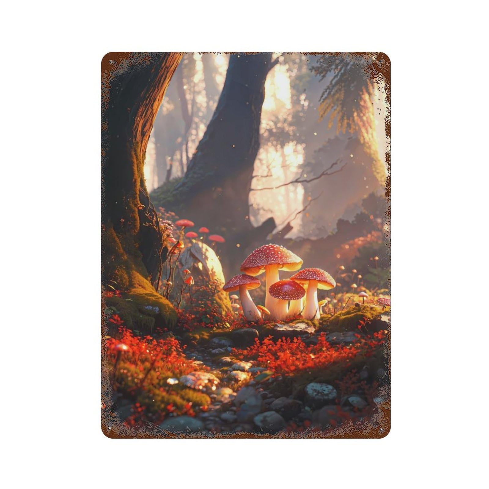 Crimson Fungi 15.7"x11.8" Aged Metal Wall Plaque, Retro Wall Decor for Farmhouse, Kitchen And Entryway Decor