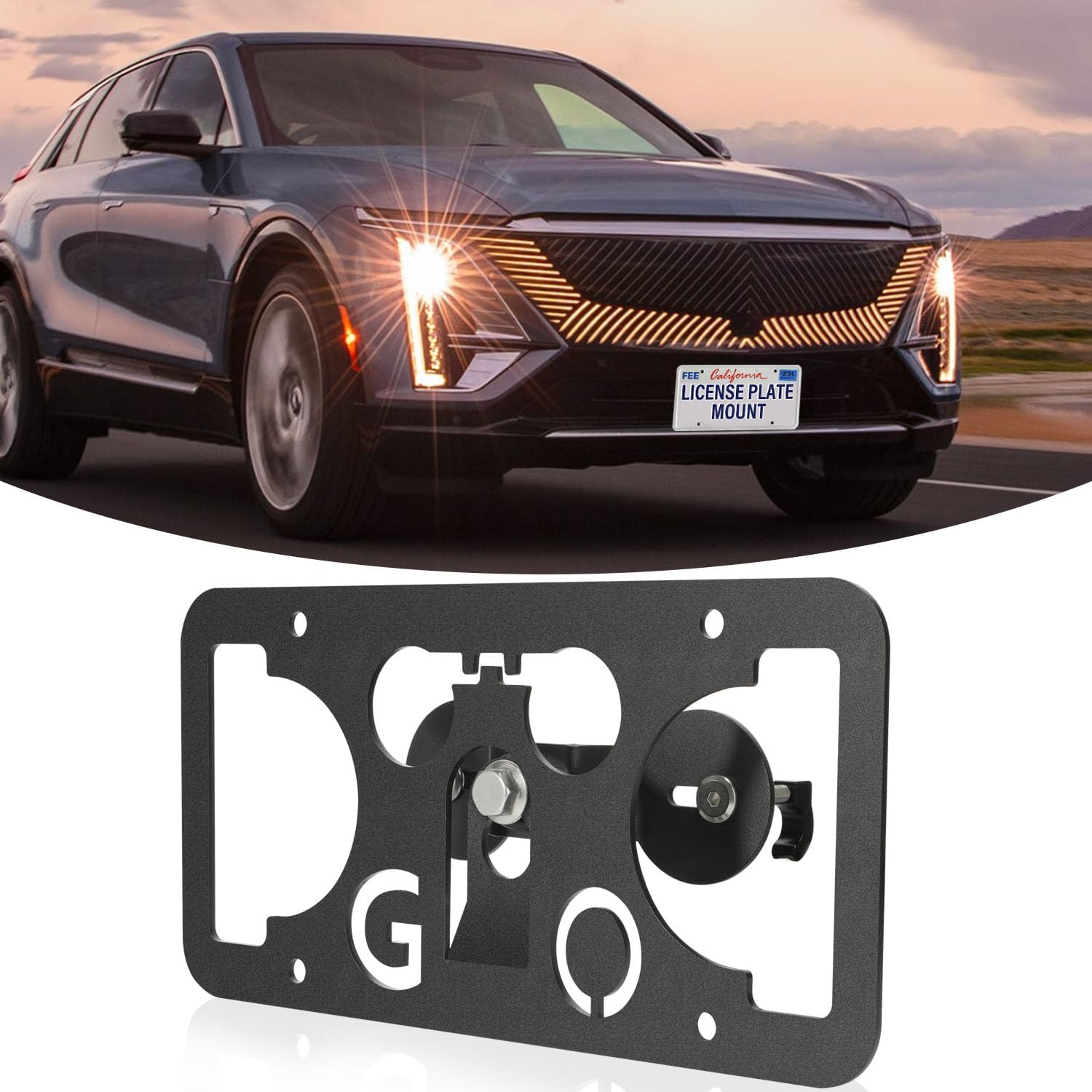 Front Bumper Tow Hook License Plate Mount Bracket Compatible with Cadillac Lyriq 2023-2025, No Drill Plate Holder, Replacement Frames with Accessories Kit