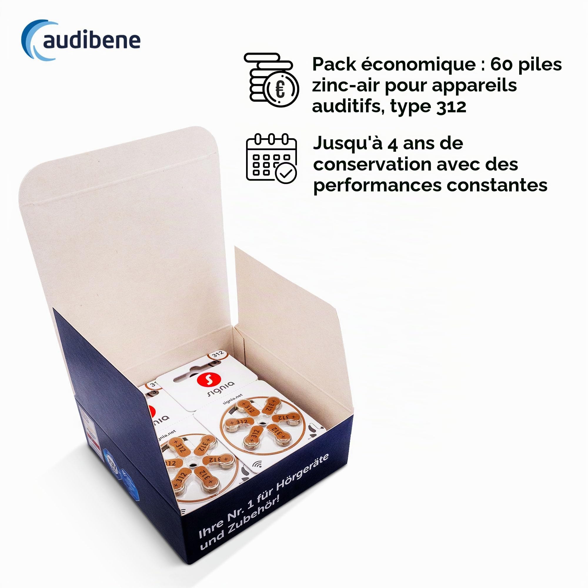 Signia Lot de 60 piles pour appareils auditifs - Taille 312 - Marron - 10 x 6 piles - Chiffon de nettoyage inclus