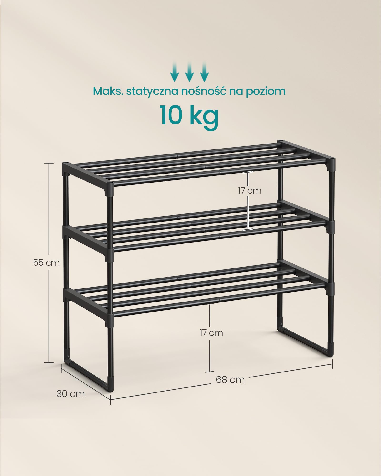 SONGMICS 3-poziomowy stojak na buty, metalowy organizer na buty, pionowy lub do góry nogami, na 8-12 par butów, 30 x 68 x 55 cm, czarny LSA203B01