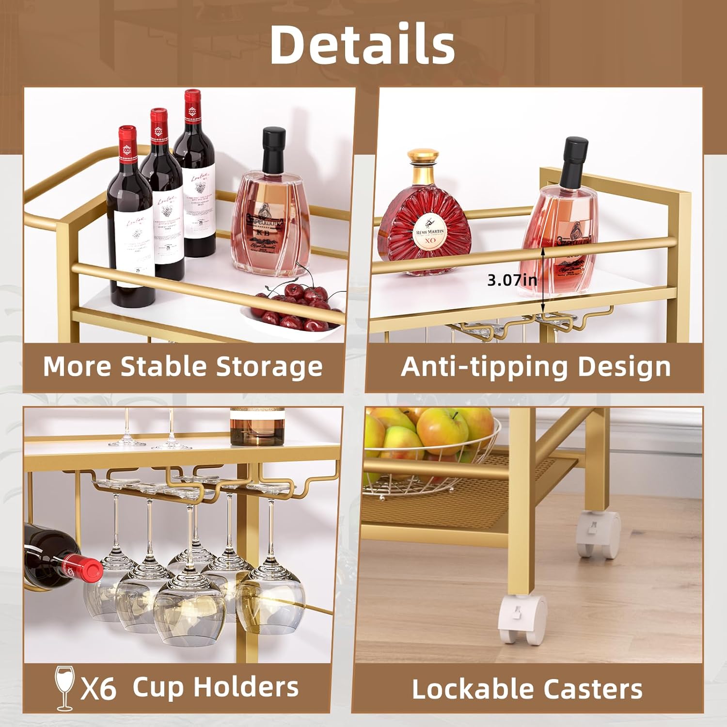 Bar Cart,Home Bar Serving Cart with Storage Shelves, 2 Tier Rolling Beverage Cart with Wheels, Modern Wine Cart with Wine Rack and Glass Holder for Kitchen, Living Room,Dinning Room,Gold