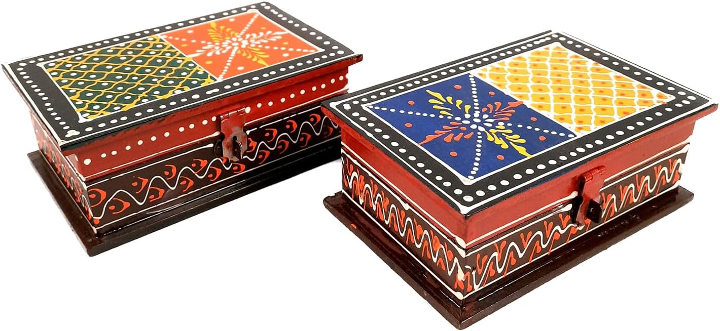 Apka Mart The Online ShopApka Mart The Online Shop Jewellery Box | Wooden Jewelry Box with Lock - For Dressing Table, Home & Table Decor, Oganization & Gifts - (6X4) Inch (Wood, Multicolor) (Pack of 2)