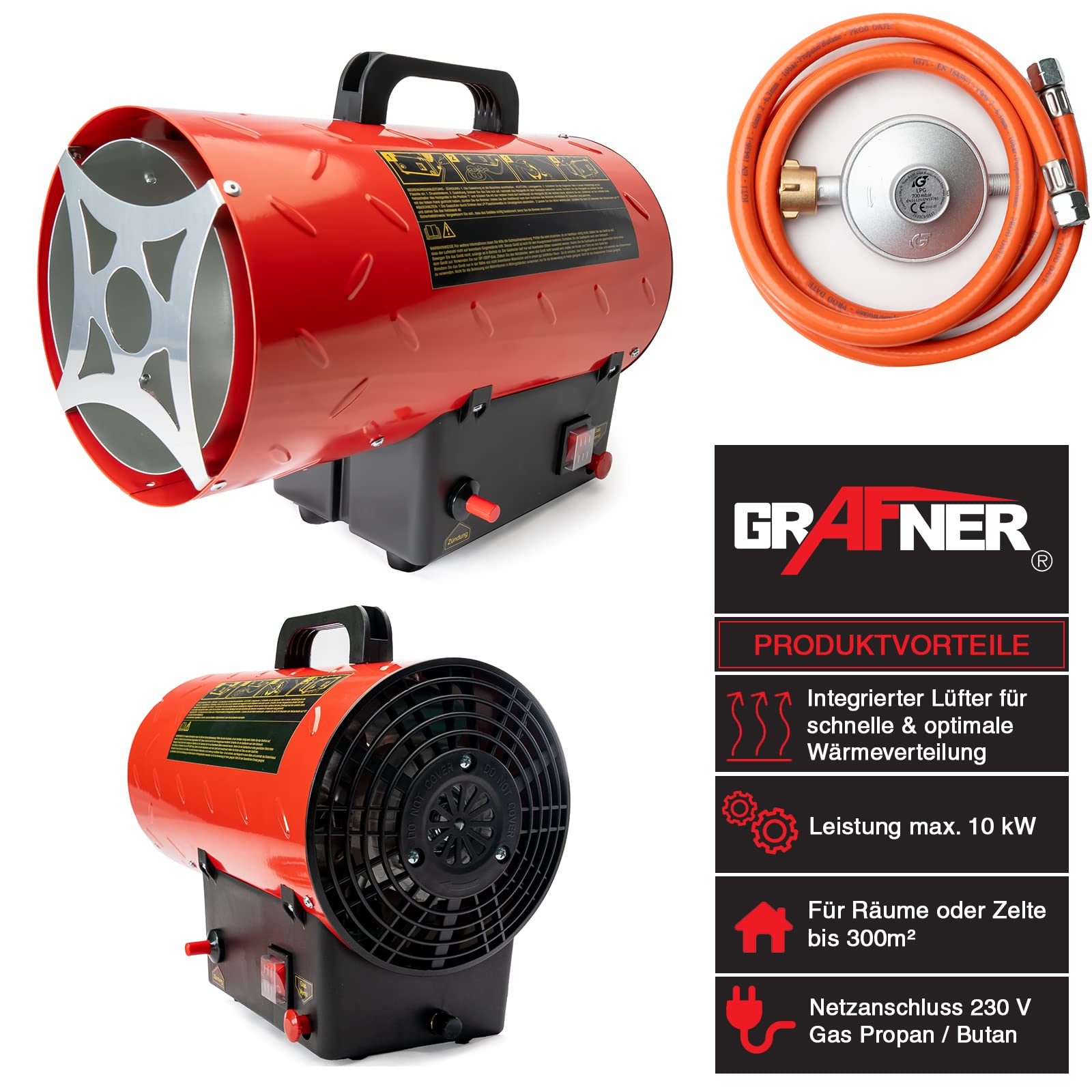 Grafner XL Gasheizgebläse 10 kW, mit Verbindungsschlauch, Druckminderer, Turbo-Ventilator, Piezozündung, für handelsübliche Gasflaschen, Heißluftgenerator Heizkanone Gasheizer Bauheizer Heizturbine