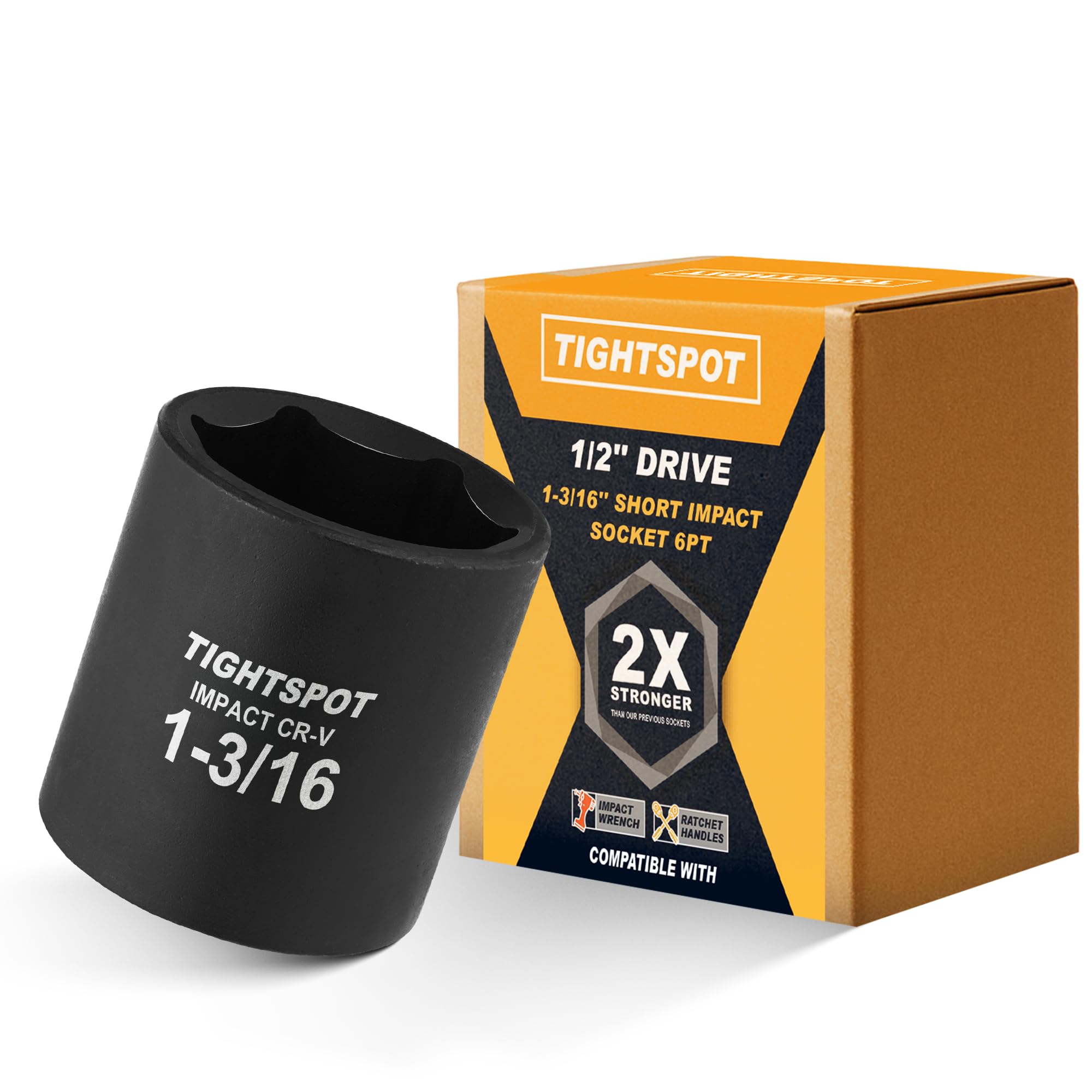 TIGHTSPOT 1/2 Inch Drive 1-3/16 Inch Shallow Impact Socket with Anti-Rounding 6 Point Design, Heat-Treated CRV Steel