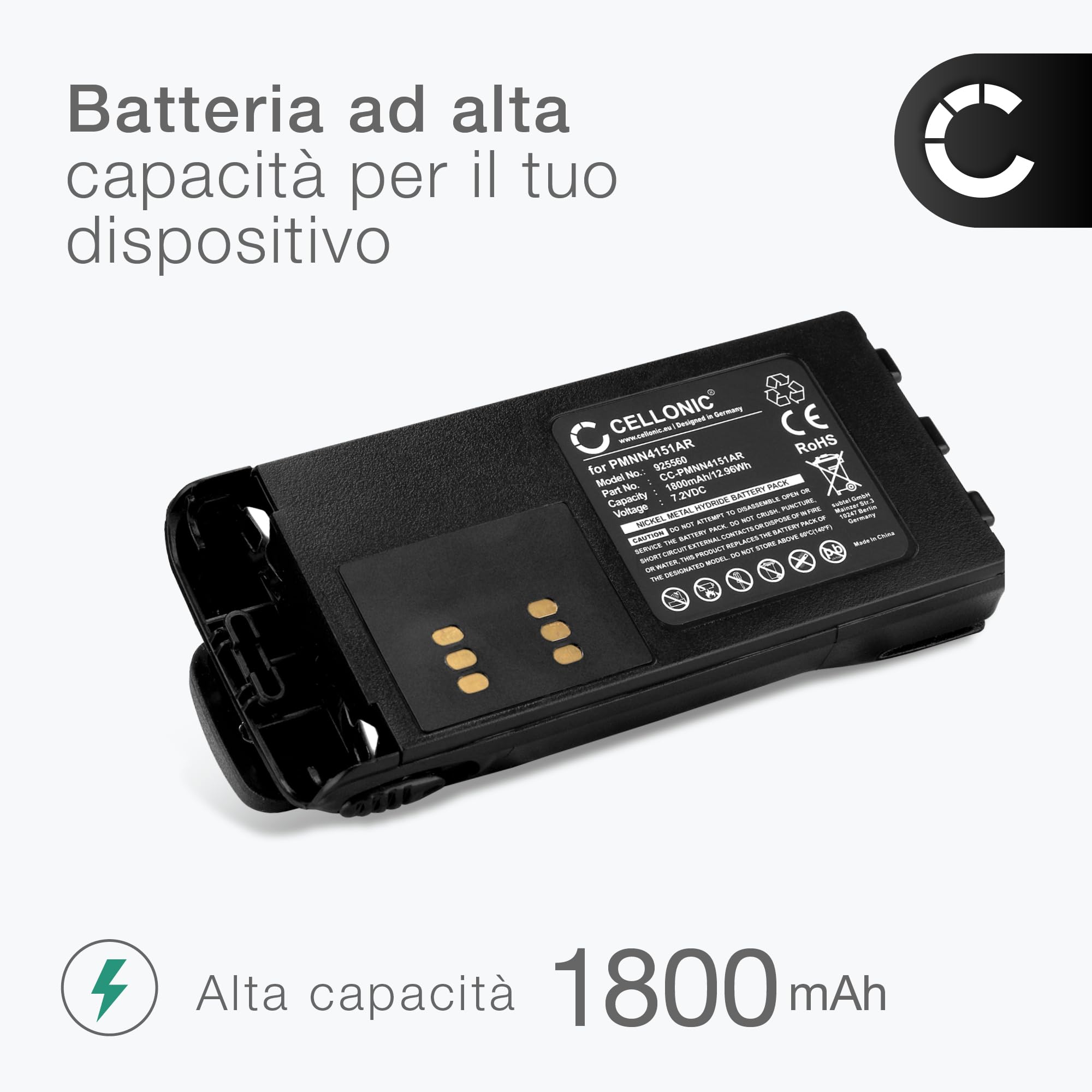 CELLONIC 1x Batteria per Dispositivo radio Compatibile con Motorola GP340, GP380, GP360, PMNN4151AR – (1800mAh, 7.2V)