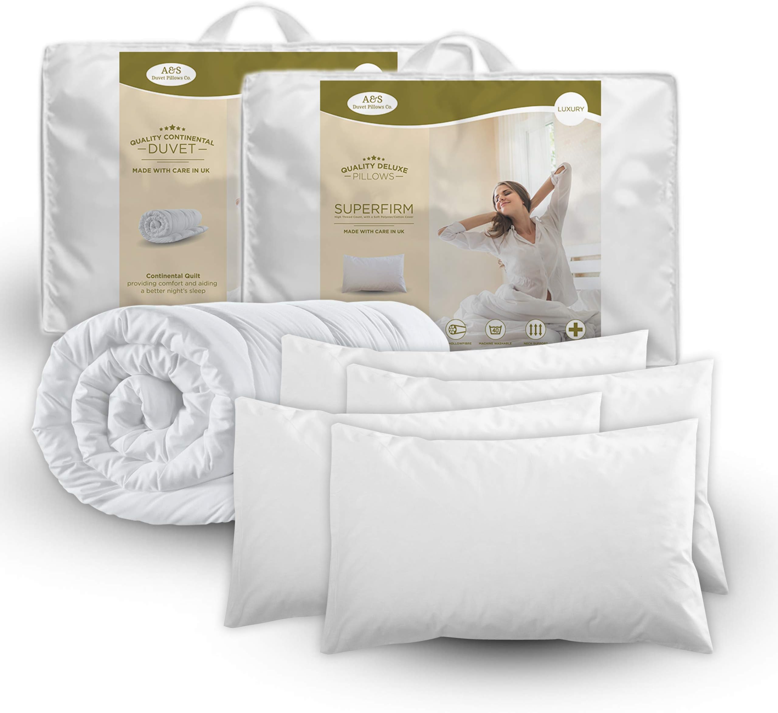 Double Size Winter Microfiber Duvet With 4 Pillows-13.5 Tog Winter Duvet Of Size 200 x 200 cm Duvet Quilt, Soft Cotton Cover, Hollowfibre Filling & 4 Deluxe Superfirm Pillows. Machine washable.
