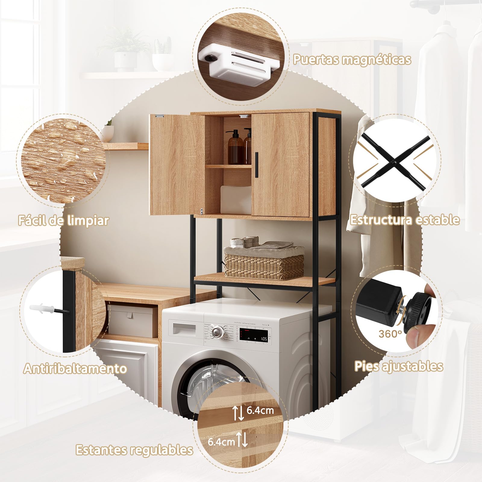 EUGAD Estanteria sobre Inodoro, Armario de Baño, Mueble de Baño con Estante Ajustable, Organizador Almacenaje para Inodoro, Ahorro de Espacio, Estructura de Metal, 64,5x27x170 cm
