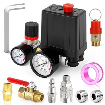 MEANLIN MEASURE Air Compressor Pressure Switch Control Valve 90120 PSI 110V240V 4way Replacement Parts With 0180 Psi Air Compressor Regulator and Safety Pressure Relief Valve