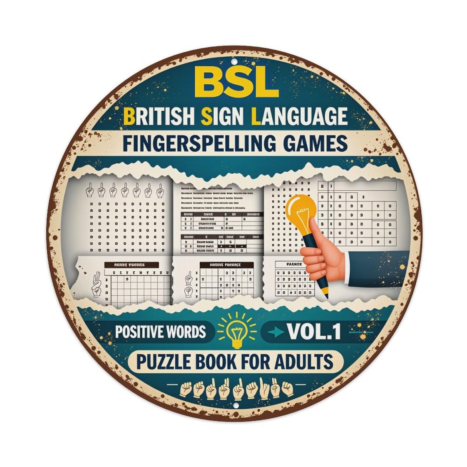 British Sign Language Fingerspelling Games Puzzle Book Metal Tin Sign Vintage Garden Bedroom Cafe Bar Man Cave Home Wall Decor Metal Poster 8x8 inches