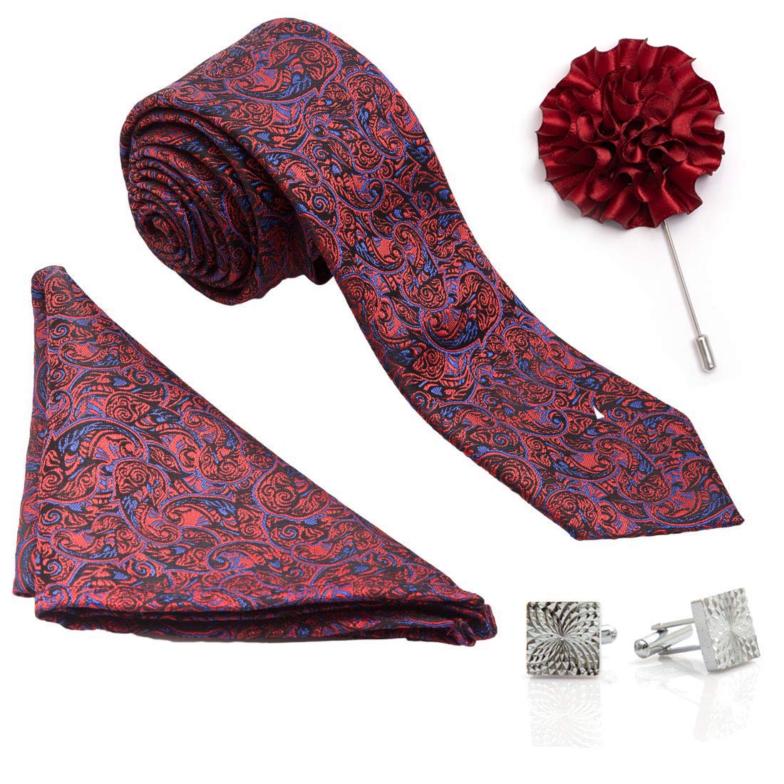 to the nines Red Micro Polyester Men's Tie, Pocket Square, Lapel Pin & Cuff links Set-picture-39