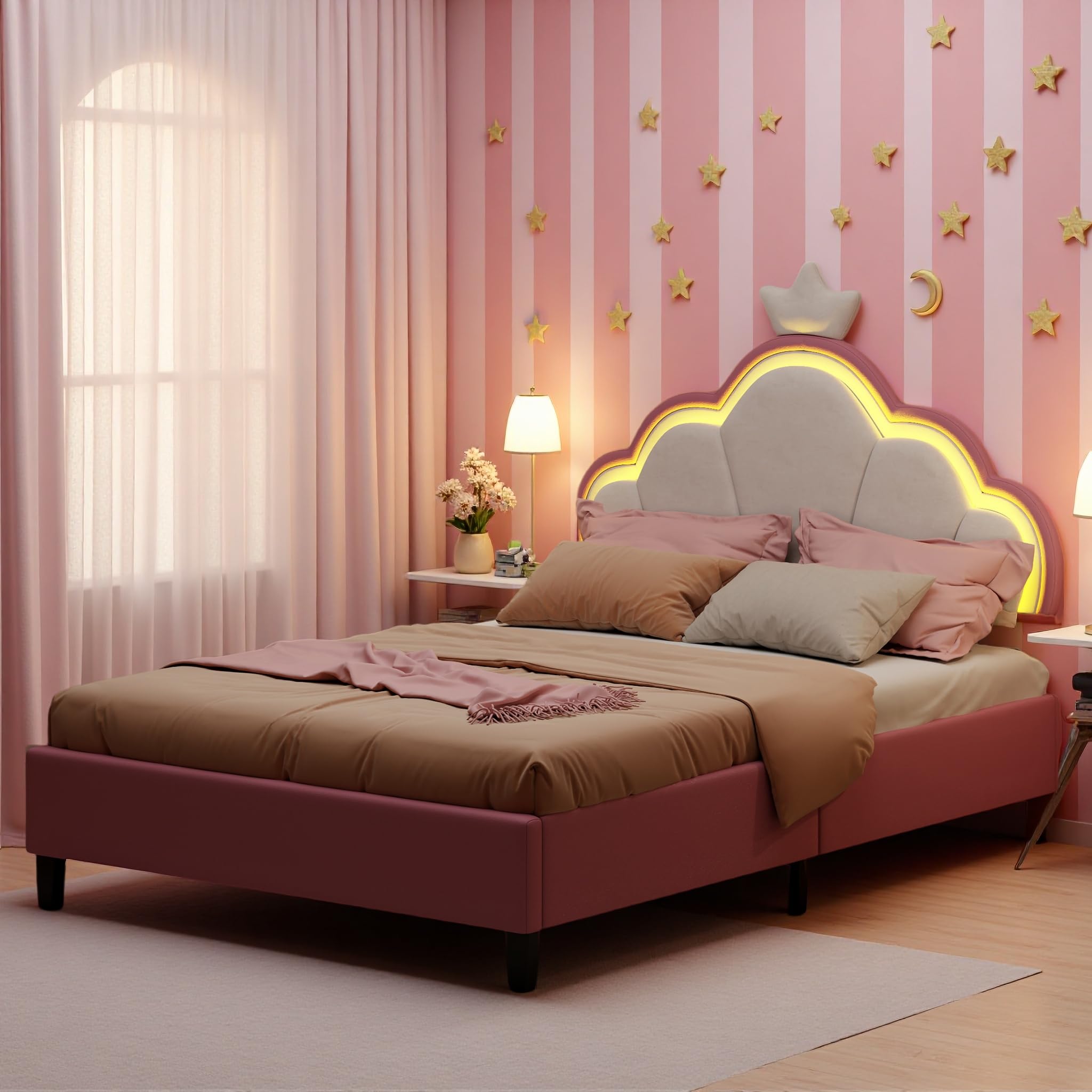 Cama para Niña 90x200 con LED RGB, Cama Infantil con Cabecero Nube Ajustable en Altura, Terciopelo Suave, Somier de Láminas de Madera, Blanco, Rosa, Cama Infantil niña, para Habitación Infantil
