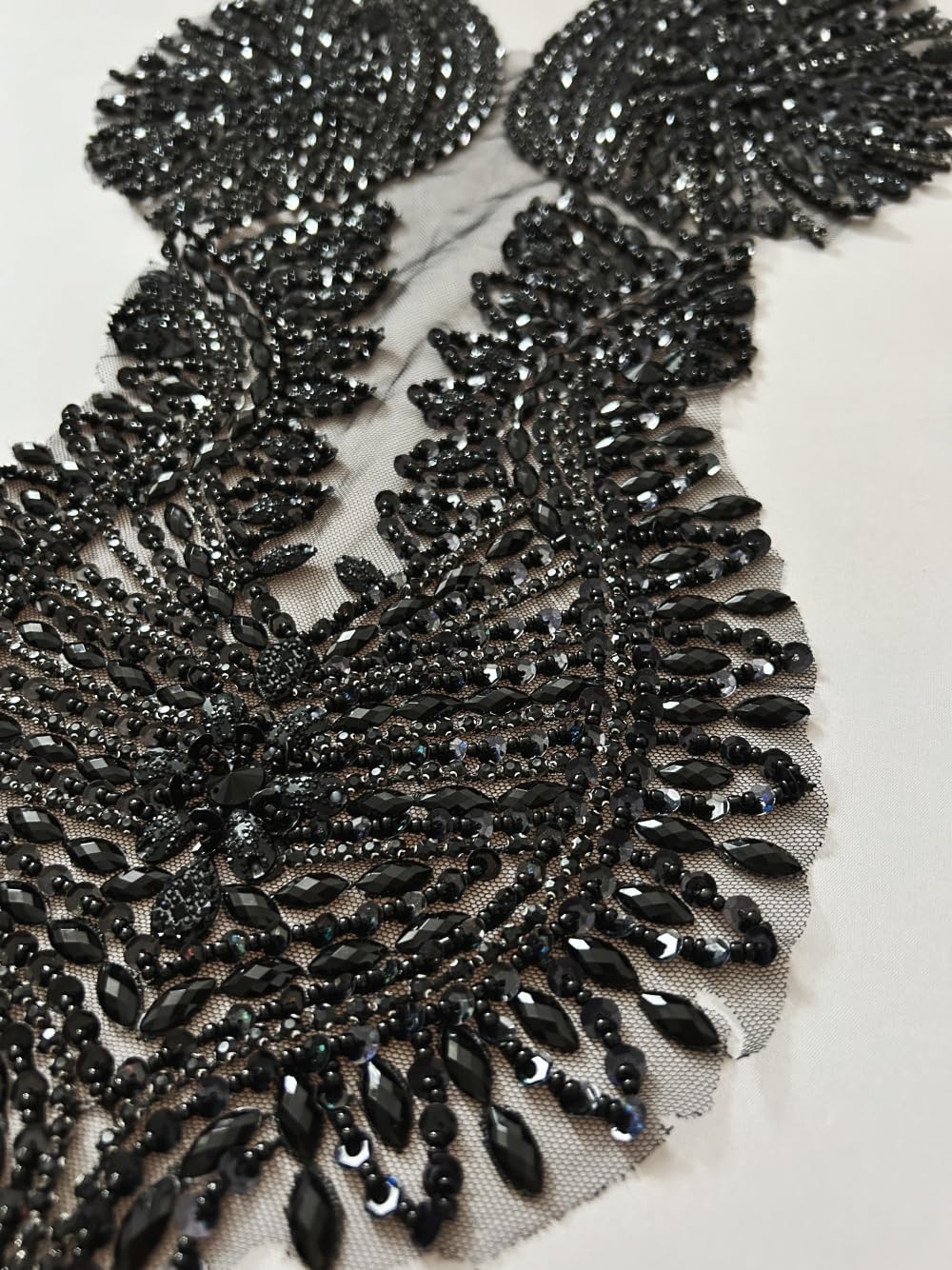 New Handmade Rhinestones Sequins Applique mesh Beaded Crystals Trim Patches for Accessory Wedding Gown Decoration 15x25Inch (Black)