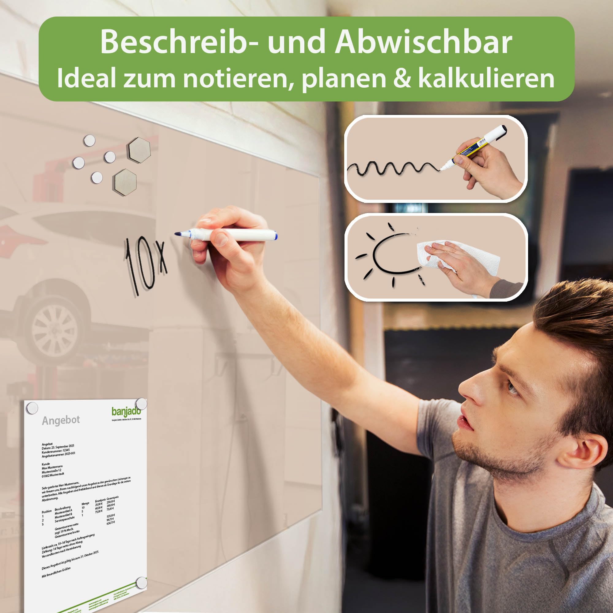 banjado Glas-Pinnwand in 120x80cm für Notizen und klare Farbgestaltung | Magnetisches Memoboard für Notizen, in der Farbe Taupe für ein ruhiges Raumkonzept