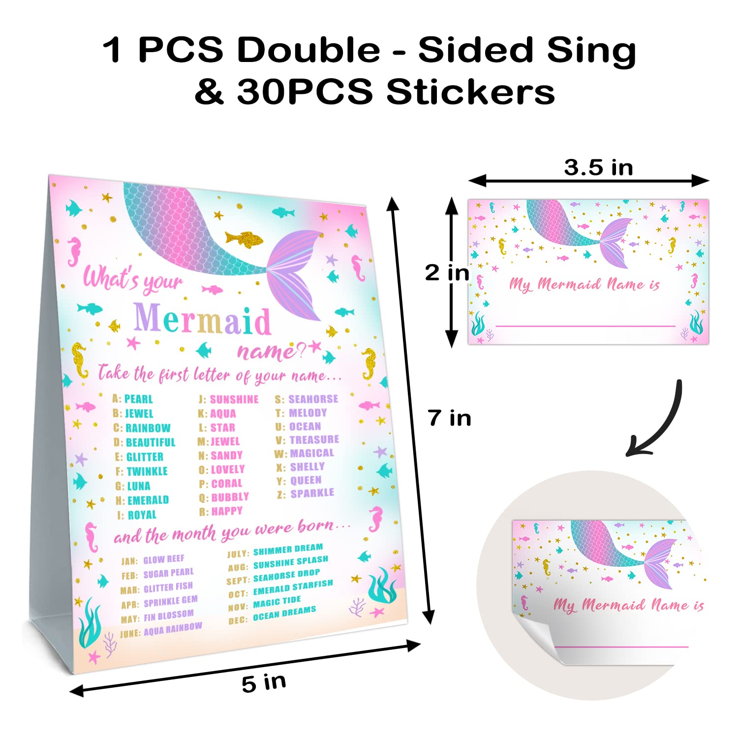 What's Your Mermaid Name Game, Mermaid Birthday Party Sign for Girls, Holiday Activity, Mermaid Activity Cards Ideas Decoration Supplies (1 Mermaid Theme Sign and 30 Name Tag Stickers)