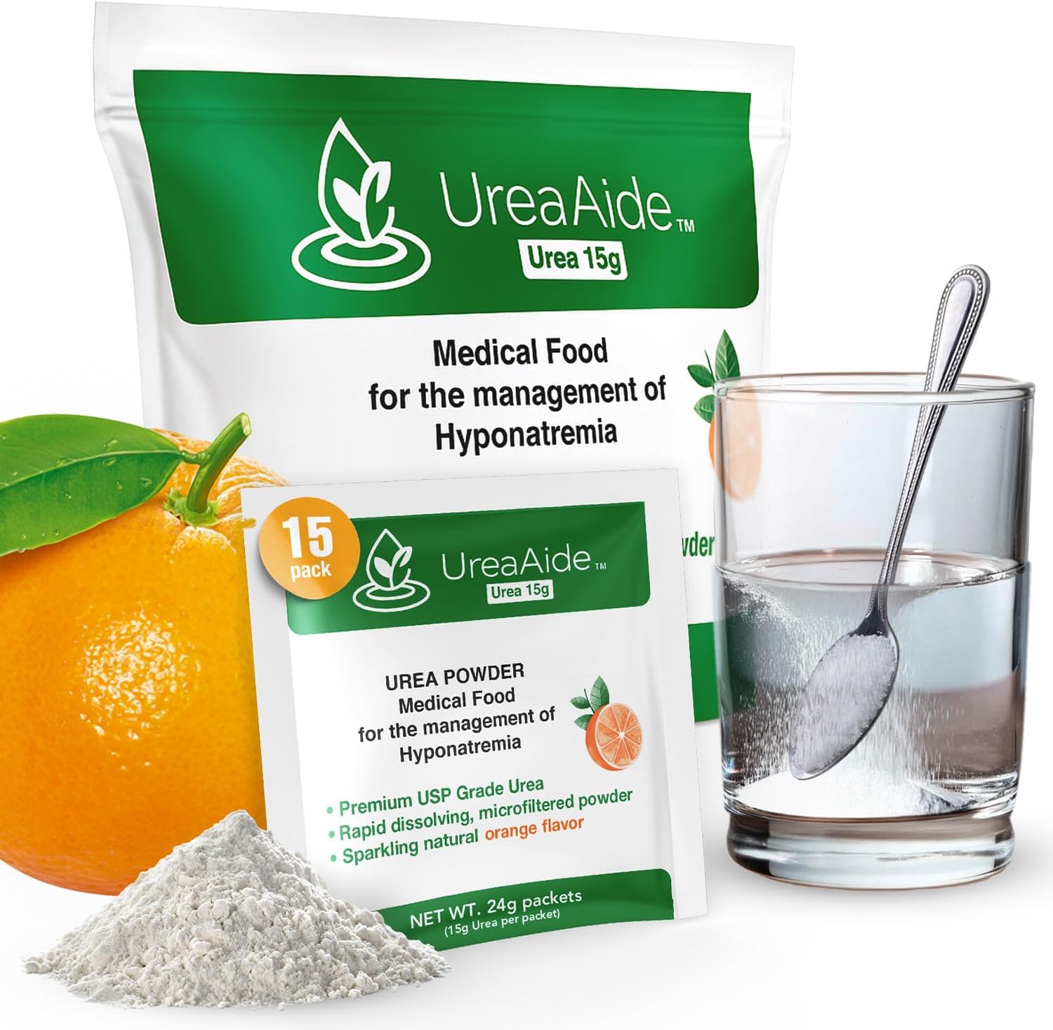 UreaAide Urea Powder Sparkling Natural Orange Flavor for Low Sodium 15 Packs Urea Powder for Hyponatremia, SIADH, Nephrologist Invented 100% Medical Grade Urea 15 gram Urea Per Packet