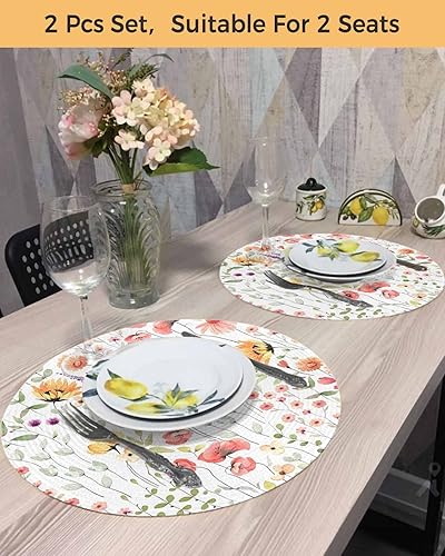 Miniatura 4 de Juego de 2 manteles individuales redondos, lavables, tejidos, hojas verdes, rústico, vintage, flores, círculos, trenzados, resistentes al calor,