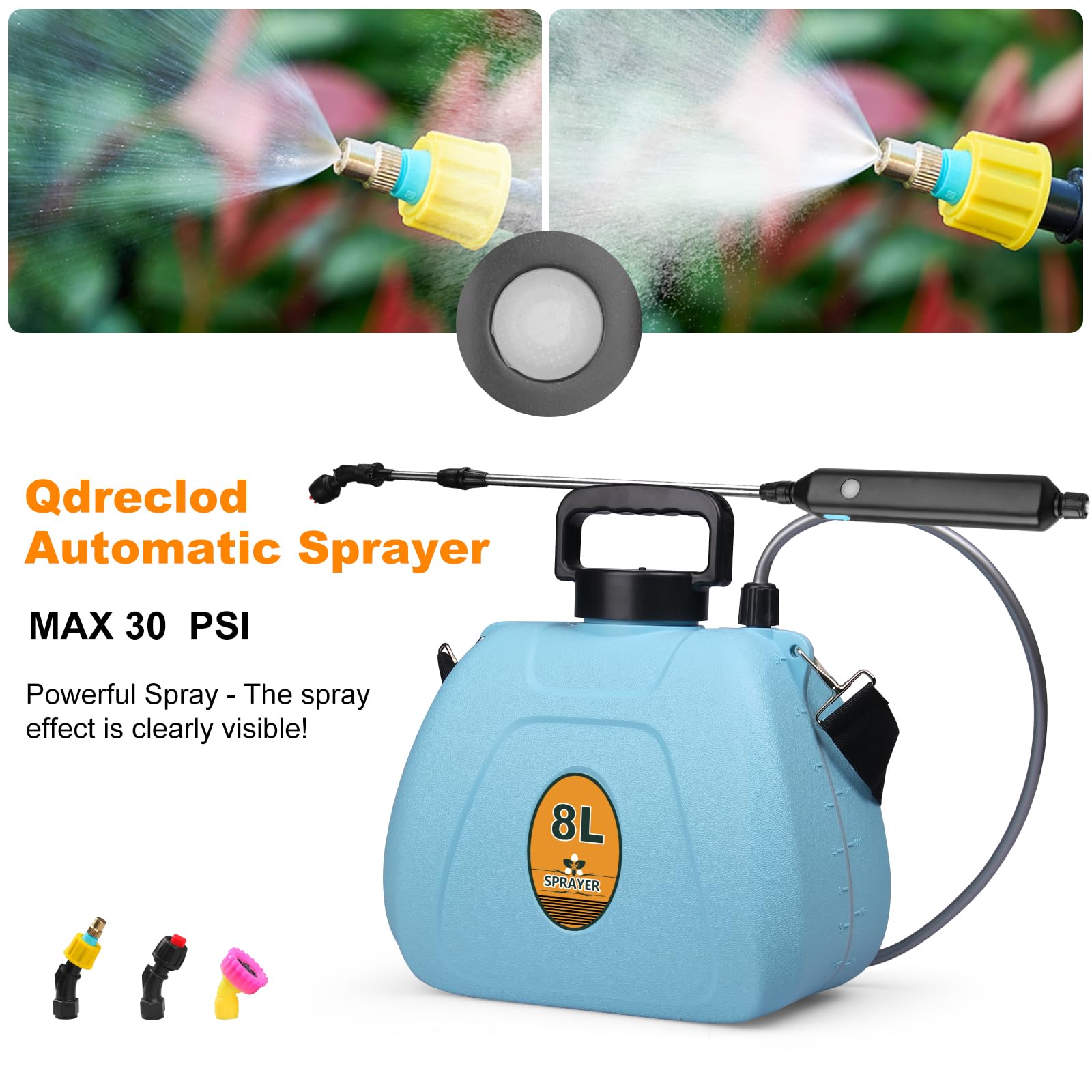 8L Pulverizador Eléctrico a Batería, Mochila de Presión con Lanza Telescópica y 3 Boquillas, 1500mAh Batería Recargable para Jardín, Desinfección, Limpieza de Terrazas y Coches