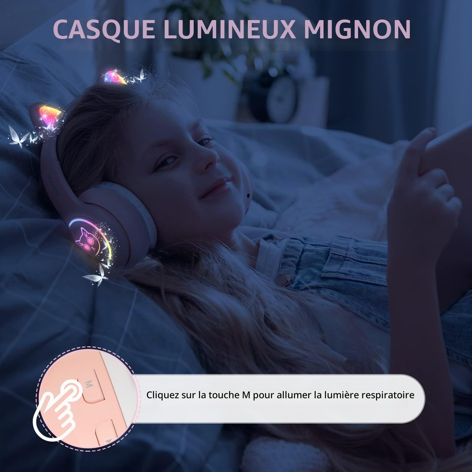 IFECCO Casque Audio Enfant avec Microphone,Casque d'écoute à Lumière LED pour Chat avec étui Casque Bluetooth sans Fil Enfant pour Ecole Tablette Téléphone
