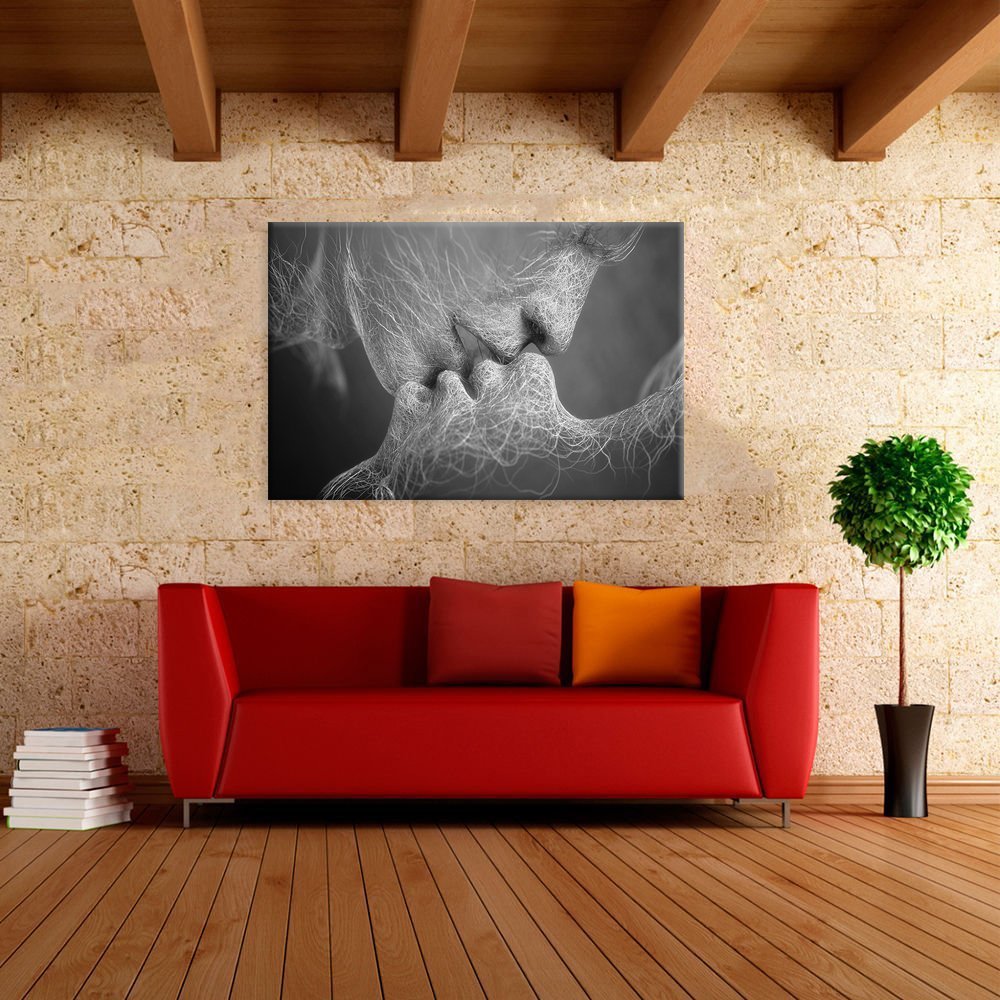 Wall Decor Black and White Love Kiss Abstract Art on Canvas Painting