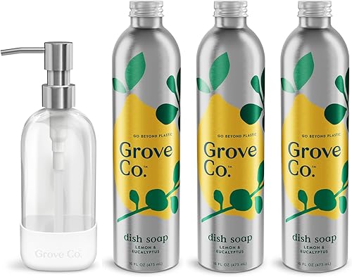 Grove Co. Ultimate - Recambios de jabón para platos (3 x 16 onzas líquidas) + dispensador de jabón para platos de vidrio recargable para fregadero