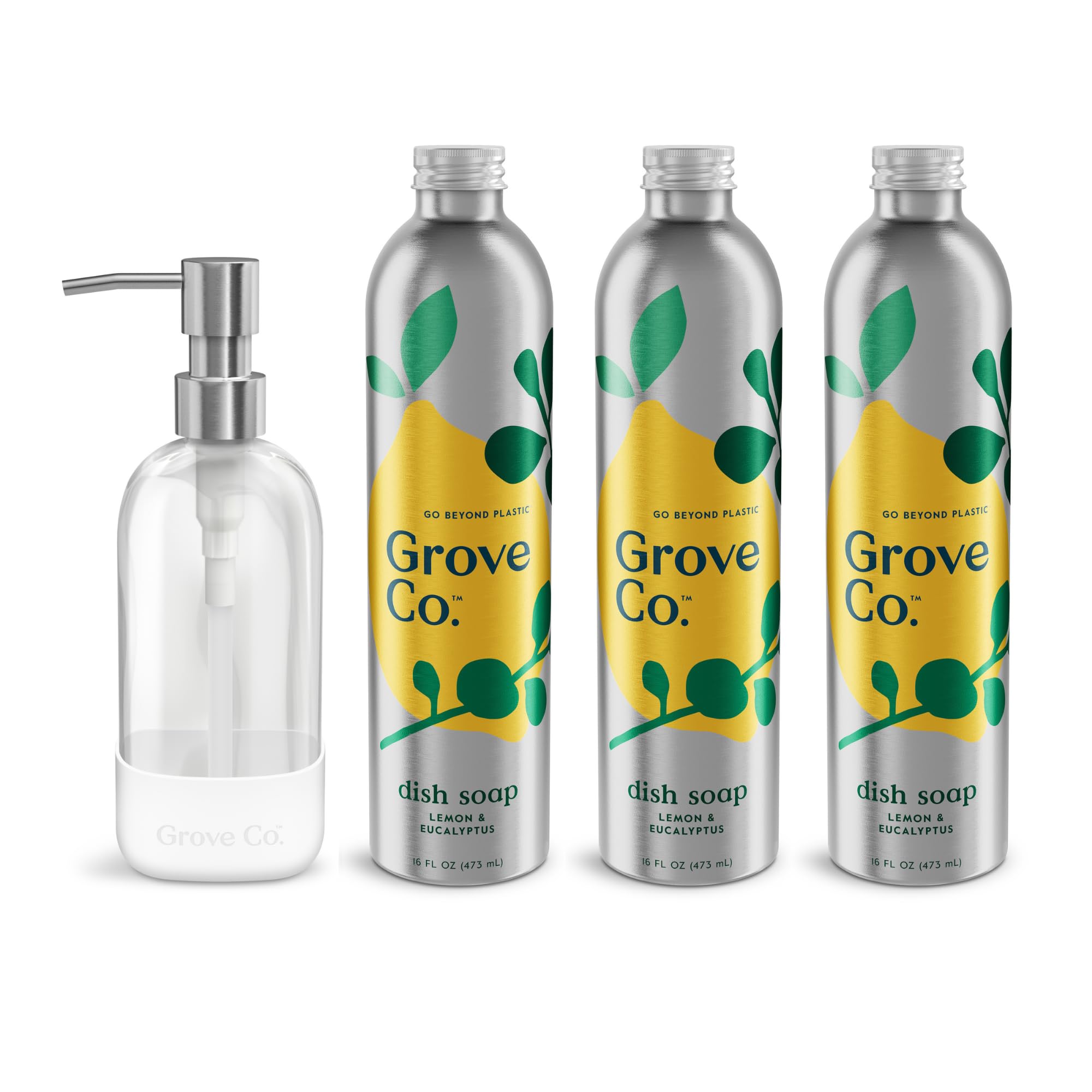 Grove Co. Ultimate Dish Soap Refills (3 x 16 Fl Oz) + Refillable Glass Dish Soap Dispenser for Kitchen Sink with Non-Slip Silicone Sleeve, Plastic
