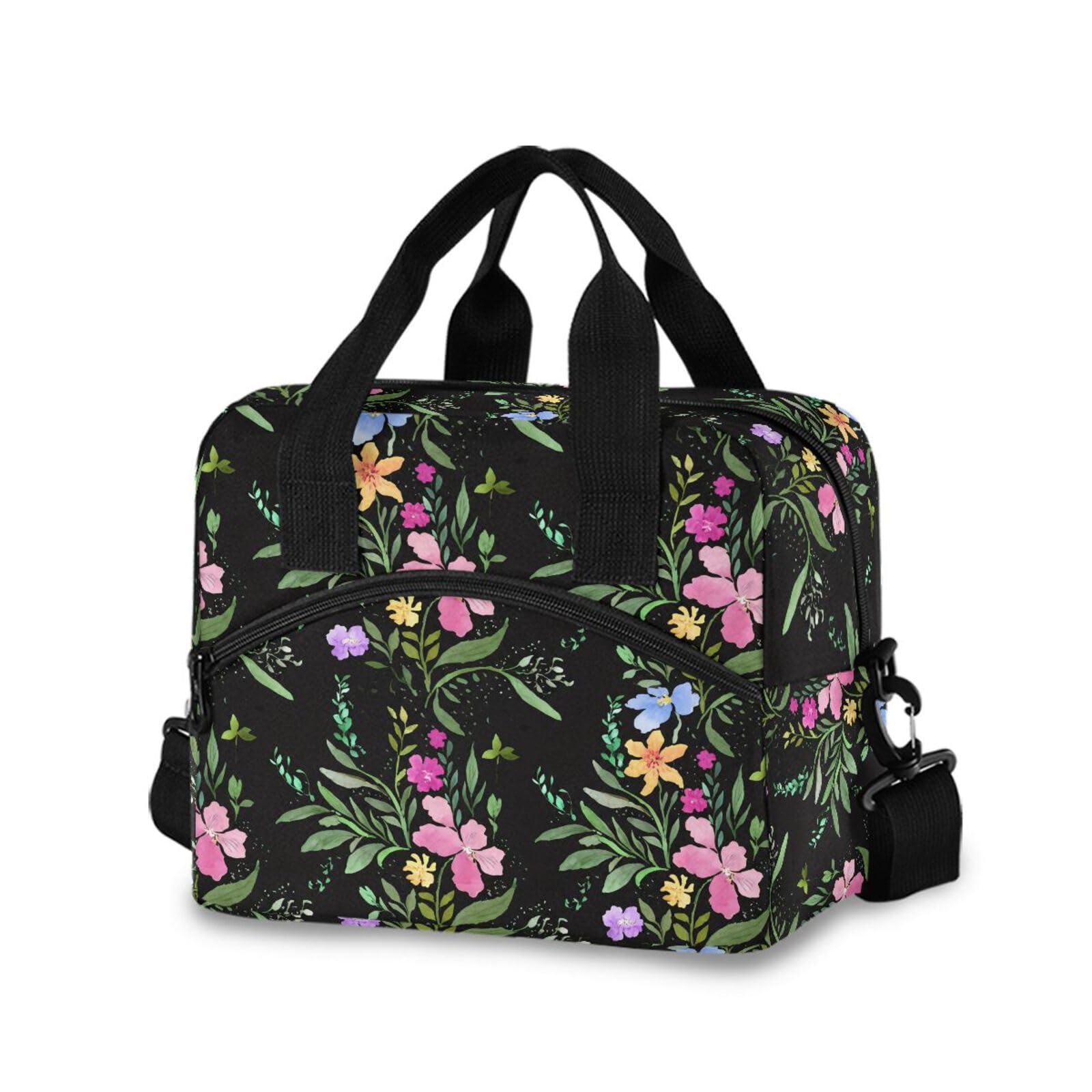 Sinestour Insulated Lunch Bag Reusable Cooler Blossom Leaves Black Lunch Box Adjustable Shoulder Strap for Office Men Women