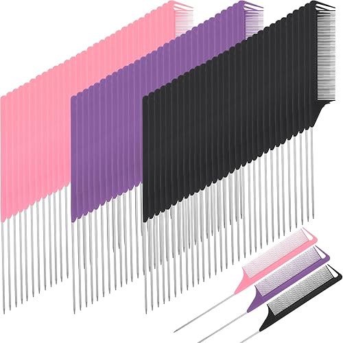 Uiifan 90 peines de cola de rata de metal largo de acero Peine de separación de fibra de carbono desenredante peine de dientes finos para mujeres,