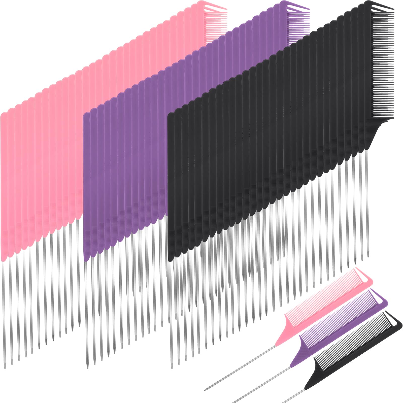 Uiifan 90 Pcs Rat Tail Parting Combs Metal Pin Carbon Fiber for Braids