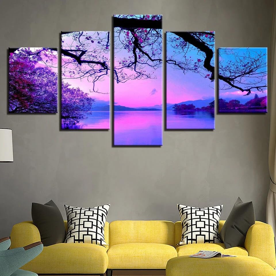 Decoration murale pour salon et chambre : grand tableau paysage de lac violet en 5 panneaux