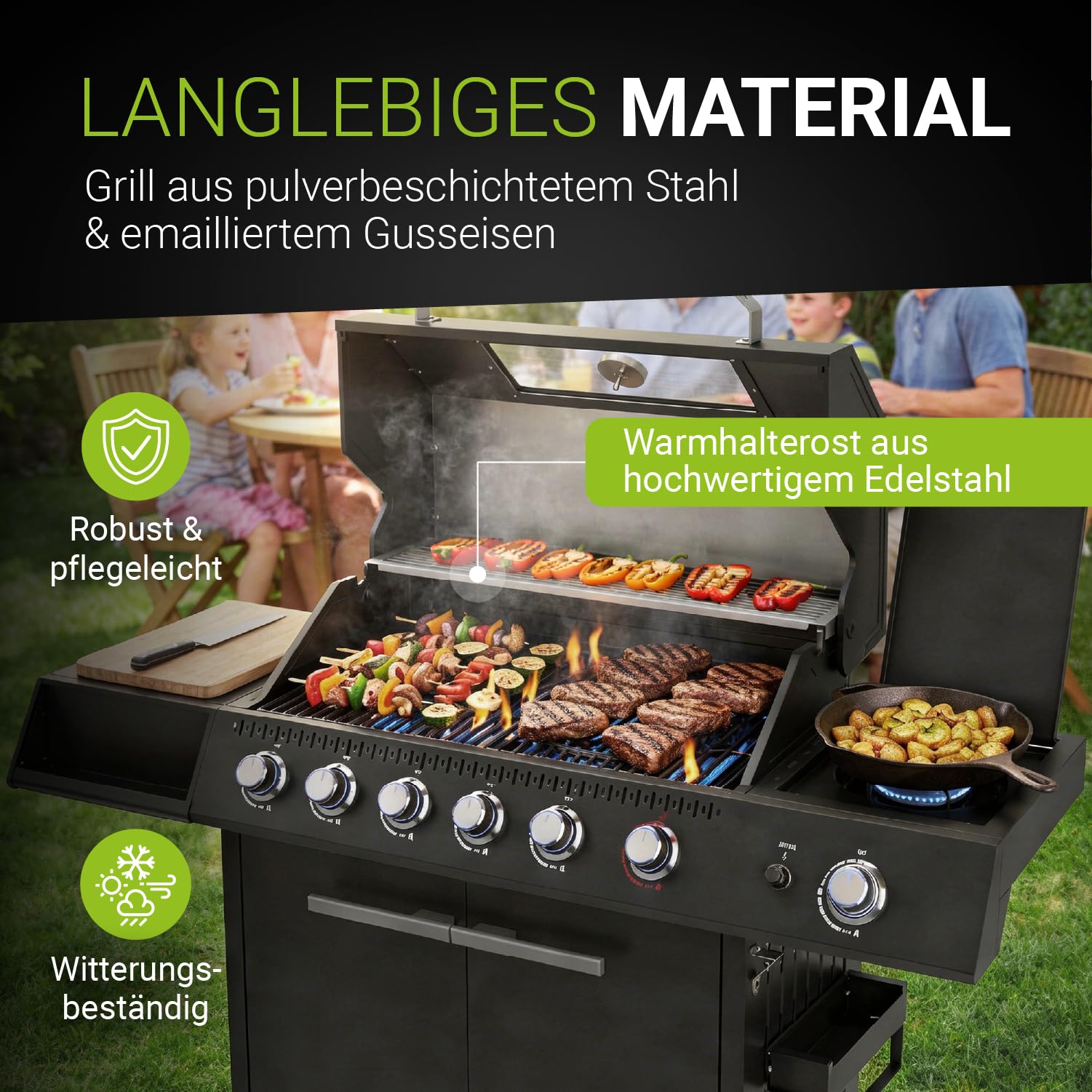 JUSKYS® Gasgrill Tennessee 6+1 – Grillwagen mit 6 Edelstahlbrennern, Seitenkocher, Gusseisenrosten, Glasdeckel mit Thermometer, LED-Knöpfen & Abdeckung
