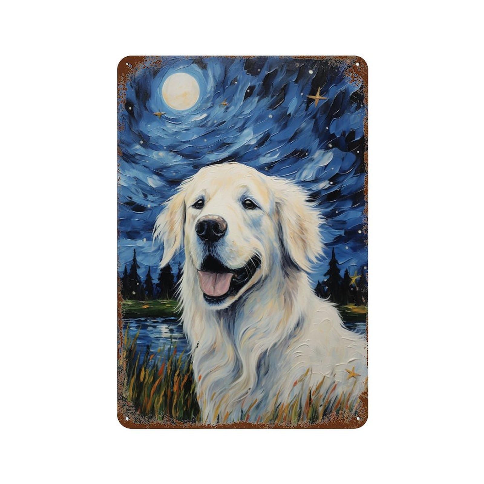 Rust Effect Golden Retriever Night Sky Painting Rustic Tin Plaque 11.8"x7.9", Shabby Chic Decor for Basement, Hobby Room And Garage Decor