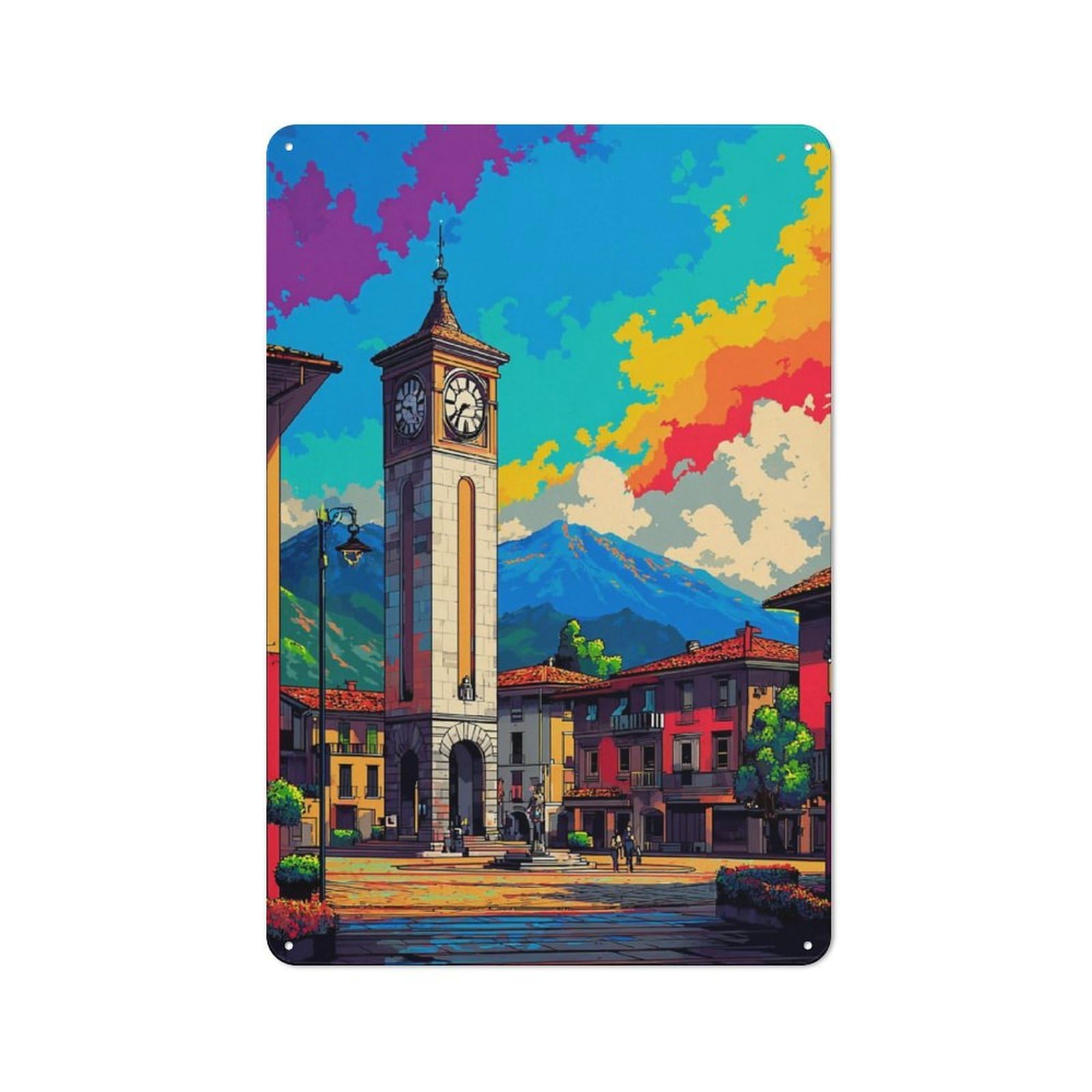 Junmoney Colorful Town Square With Clock Tower -1 Metal Wall Sign 30X20cm, Retro Decor For Home Bar Wall, For Metal Sign Collectors, For Garage And Workshop Walls