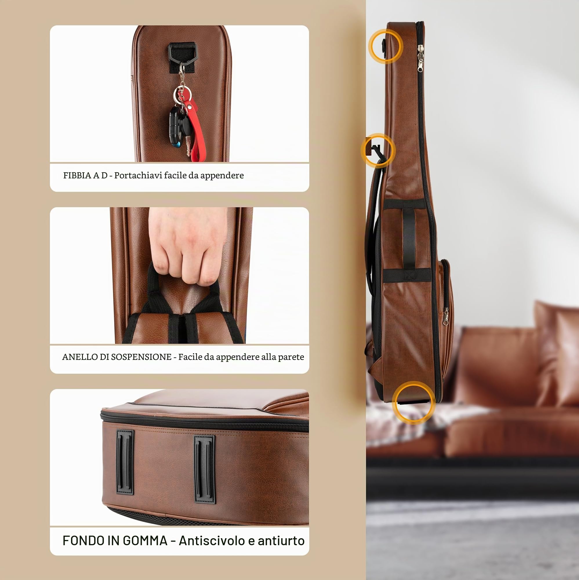 CAHAYA Custodia per Chitarra Acustica PU - Marrone Impermeabile con Imbottitura Traspirante 15 mm di Spessore - Doppia Cerniera