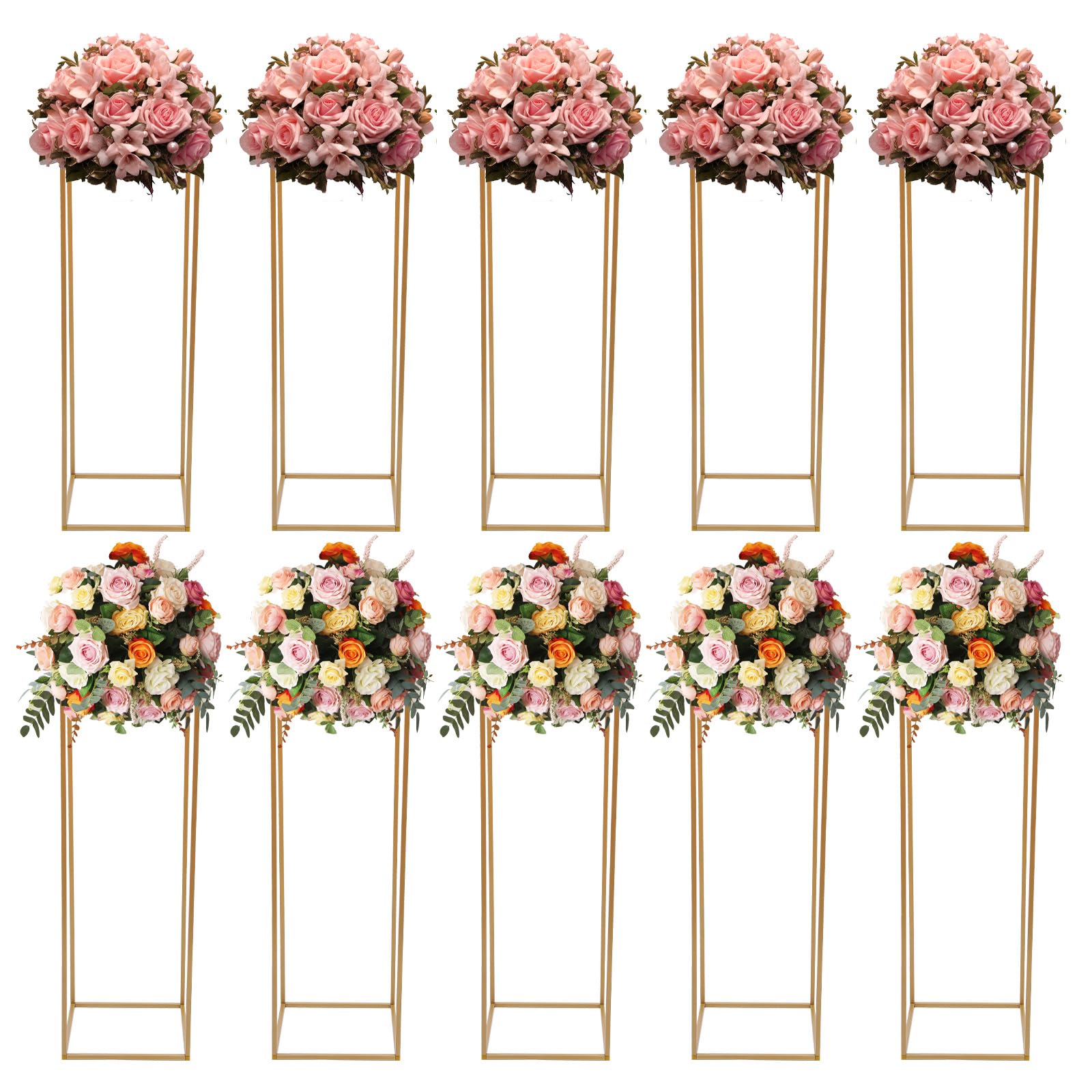 10Pcs 31.4inch Tall Gold Wedding Flower Stand, Metal Rectangular Geometric Flower Rack Vase Stand for Decorating Weddings, Birthday Parties, Home Decor