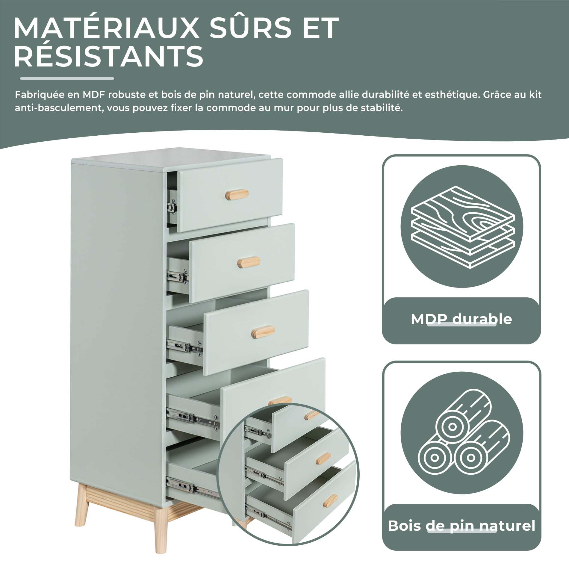 Rebecca Mobili Commode pour Enfants, Commode Gain de Place, Vert Eau Marron, Pin MDF, Style Scandinave, pour Chambre Montessori - Dimensions HxLxP: 115 x 50 x 40 cm - Art. RE6982