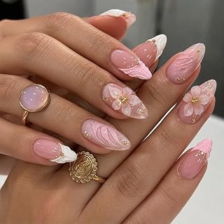 24 Pieces Press On Nails Pink 3D Flowers Almond Artificial Finger Nails Nail Glue Adhesive Pads, File, Wooden Sticks and Alcohol Snapfer, French Tips Artificial Nails for