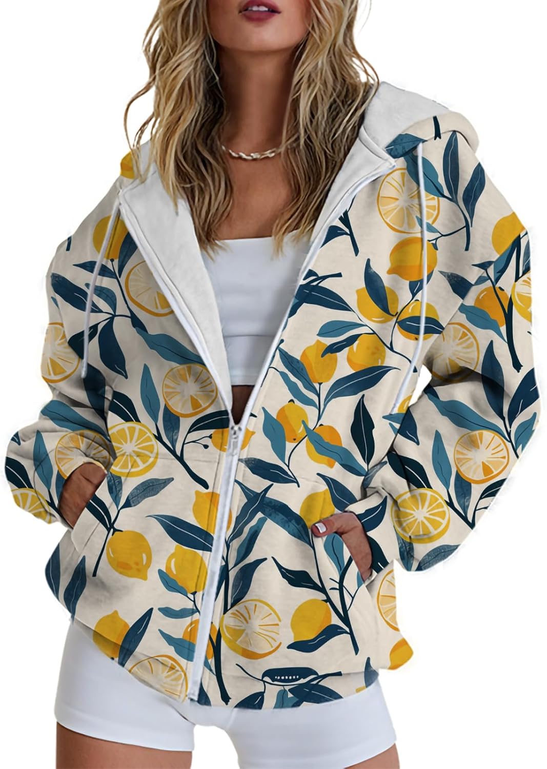 Hoodies for Women Print Oversized Full Zip Hoodie with Pockets Retro Graphic Women's Sweatshirt Long Sleeve Trendy