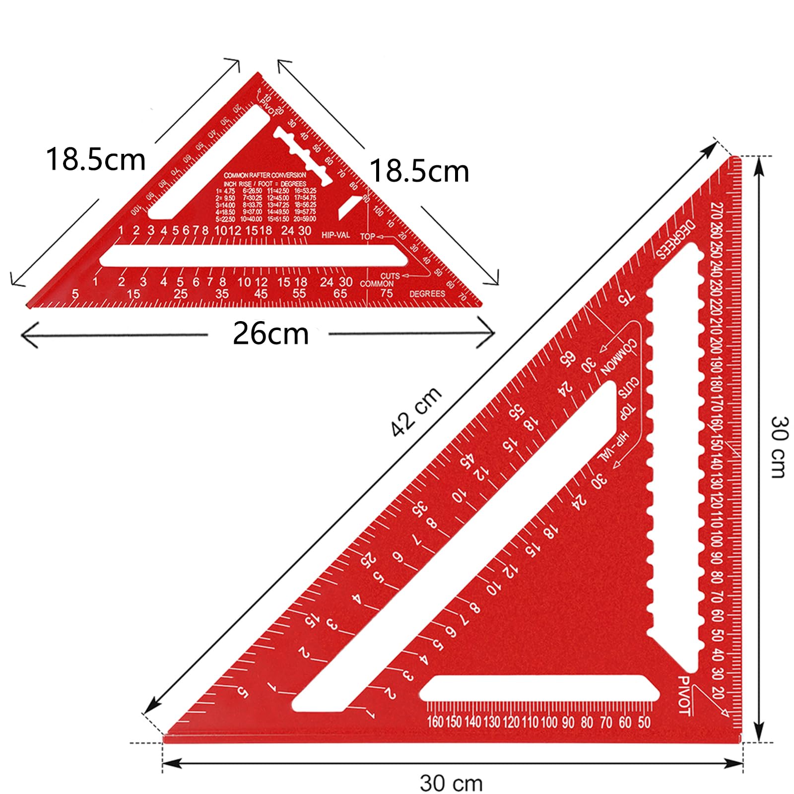 Beslands Rafter Square Metric 12 inch & 7 inch Set Squares, Aluminum Carpenters Roofing Square, Woodwork Tool, Triangle Ruler(Red) - Image 2