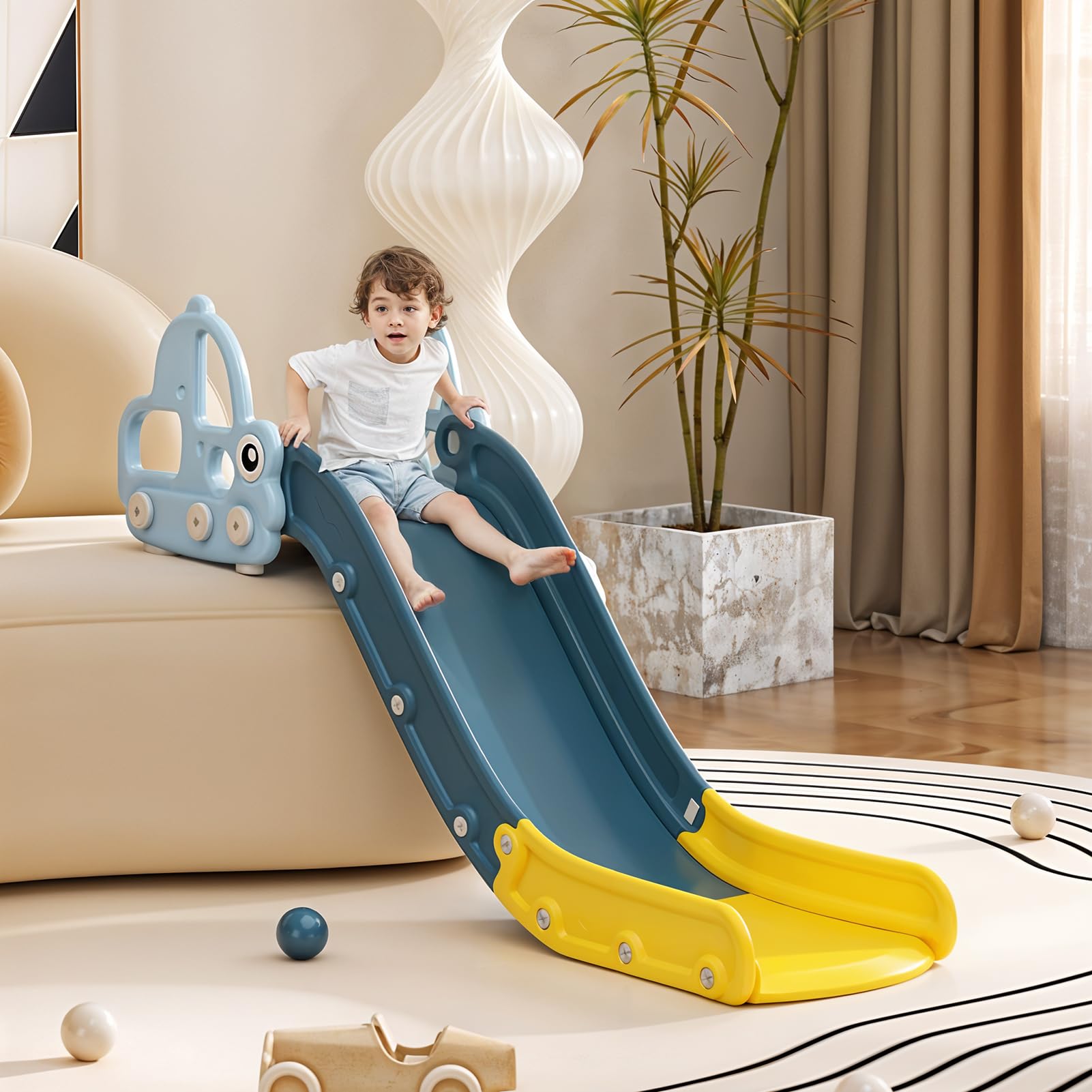 FUKEA Sofa Slide, Toddler Slide Indoor Kids Slide with Extended Length, Baby Car Slide for Bed Couch Slide for Toddler Age 1-3, Blue — image 1