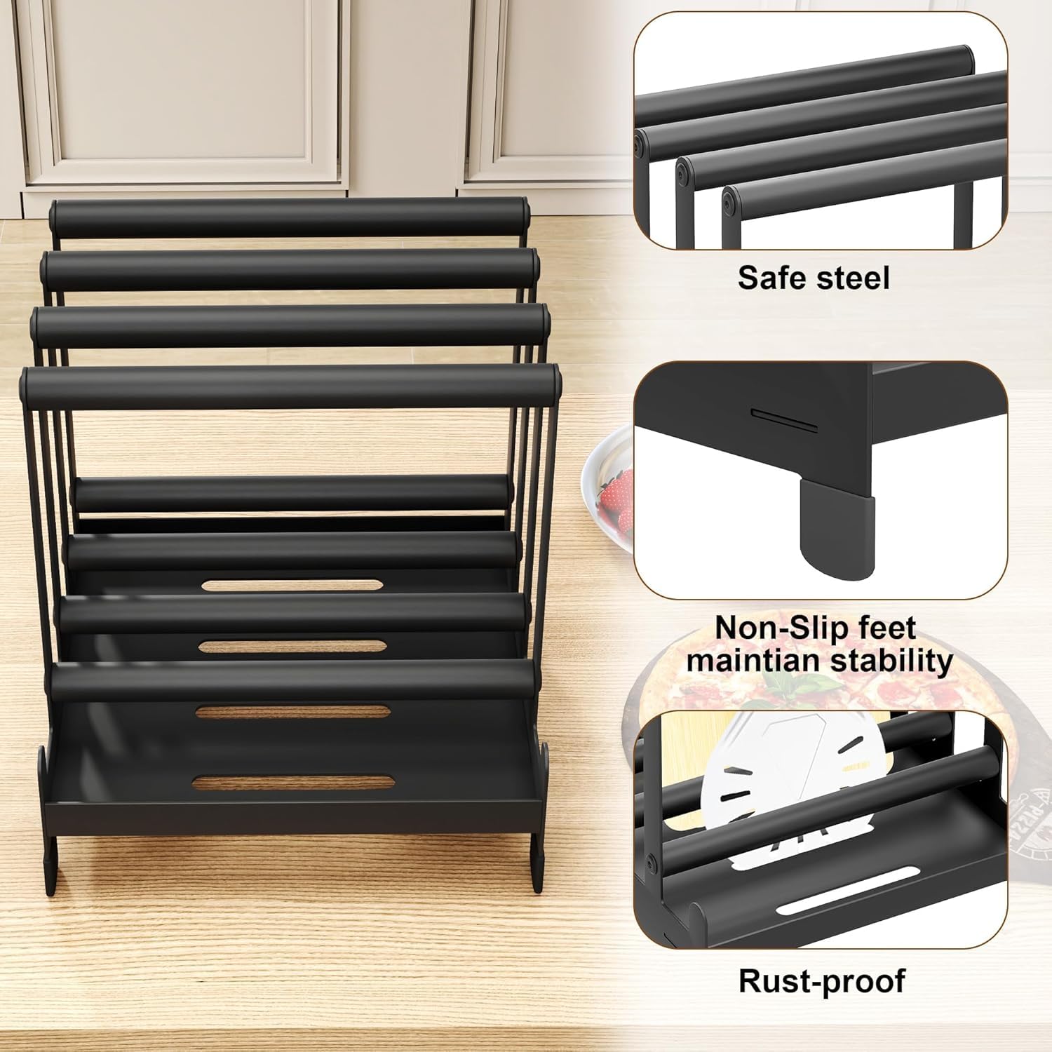 Support pour pelle à pizza en acier 24 x 24 x 36 cm, 4 emplacements disponibles, support pour pelles à pizza robuste avec pieds antidérapants pour spatule à pizza, tourne-pizza, rangement pour